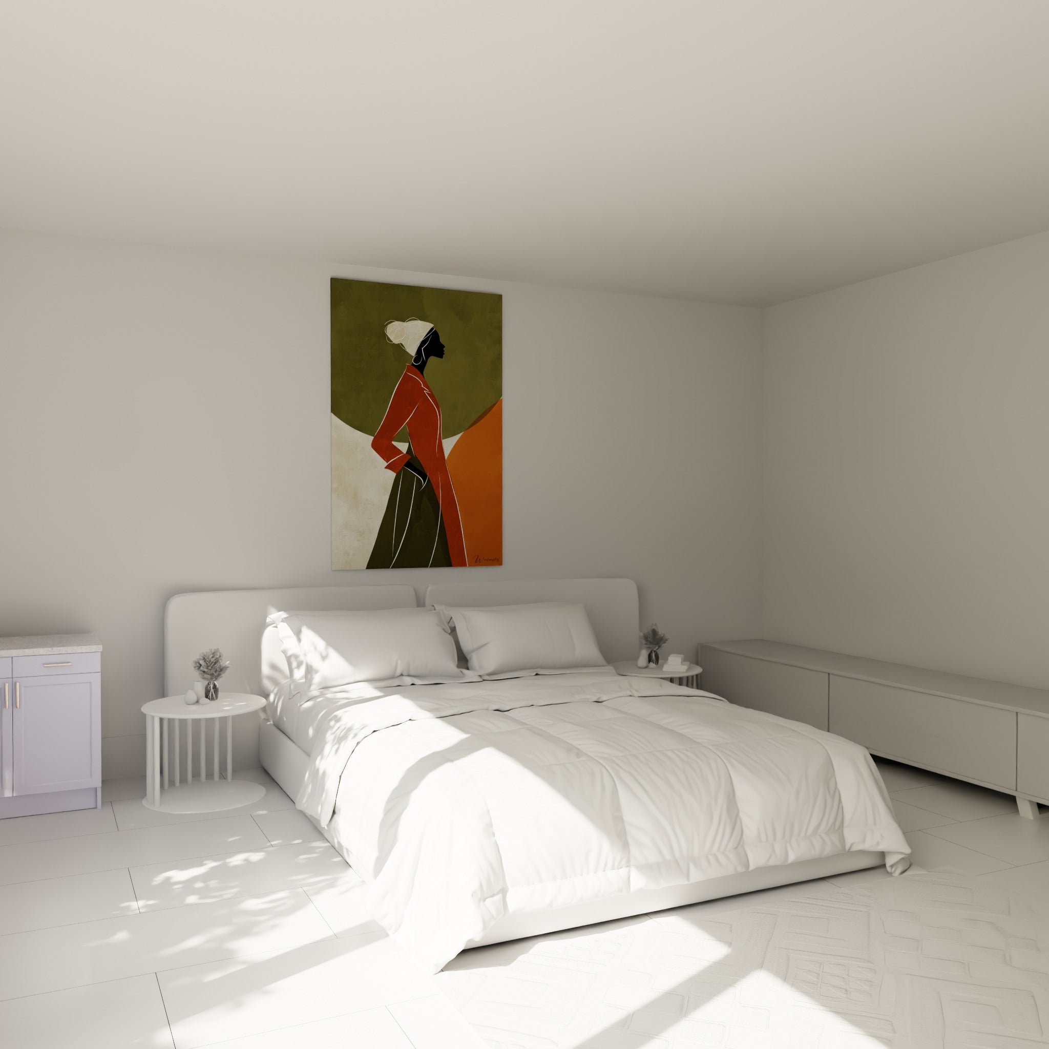 Femme stylisée en manteau orange sur fond olive, turban blanc, au-dessus d'un lit dans une chambre claire