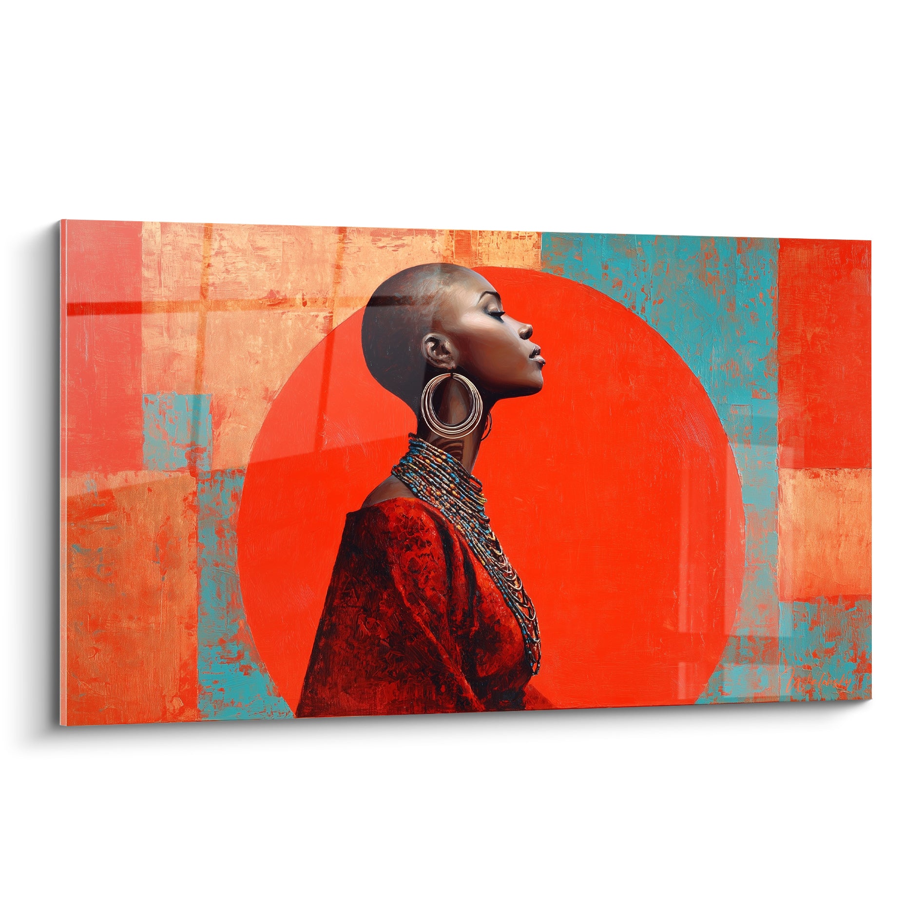 Illustration de mode d'une femme au profil serein, cercle orange, tenue rouge et bijoux dorés éclatants