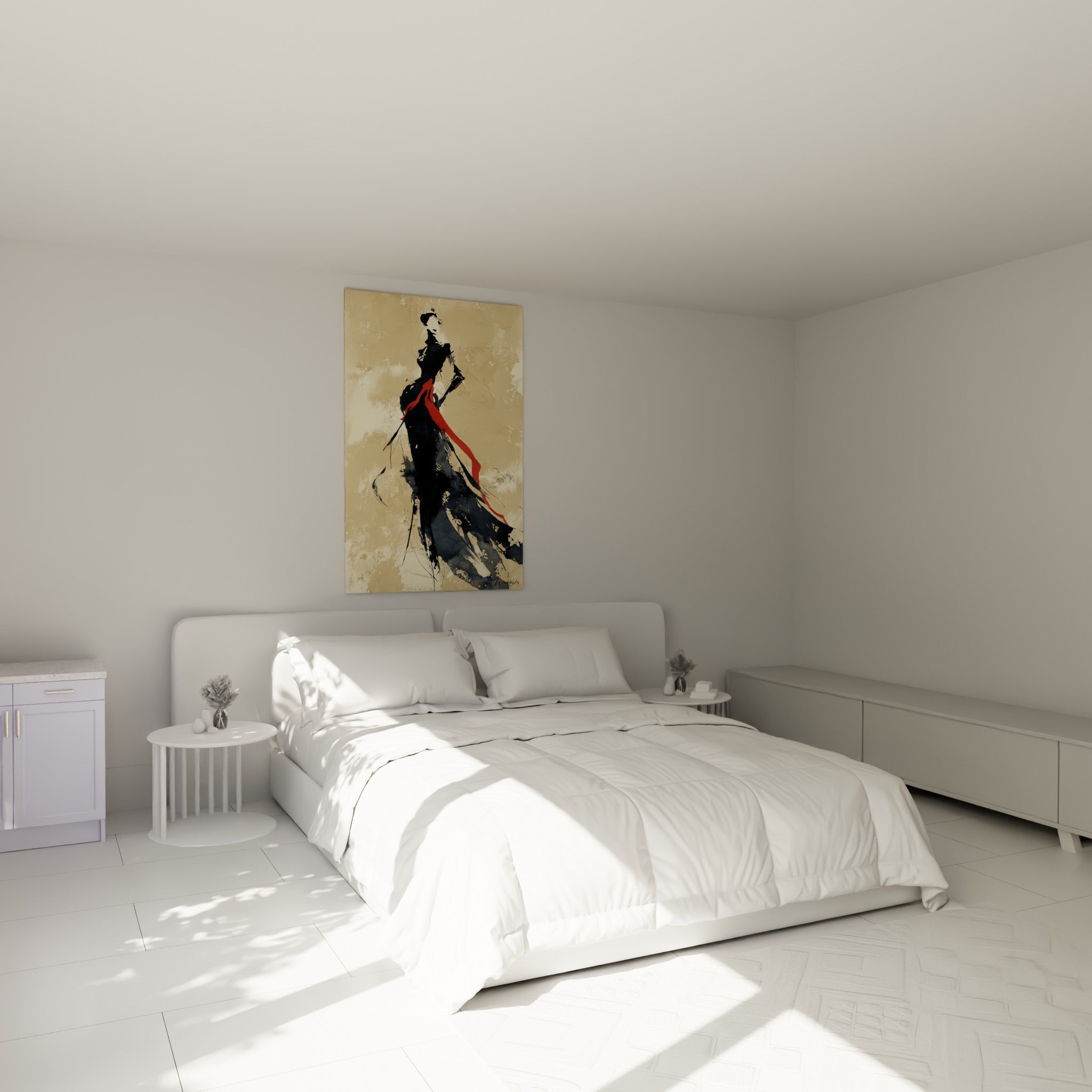 Femme en robe noire à écharpe rouge fauve, illustration de mode au-dessus d'un lit dans une chambre claire
