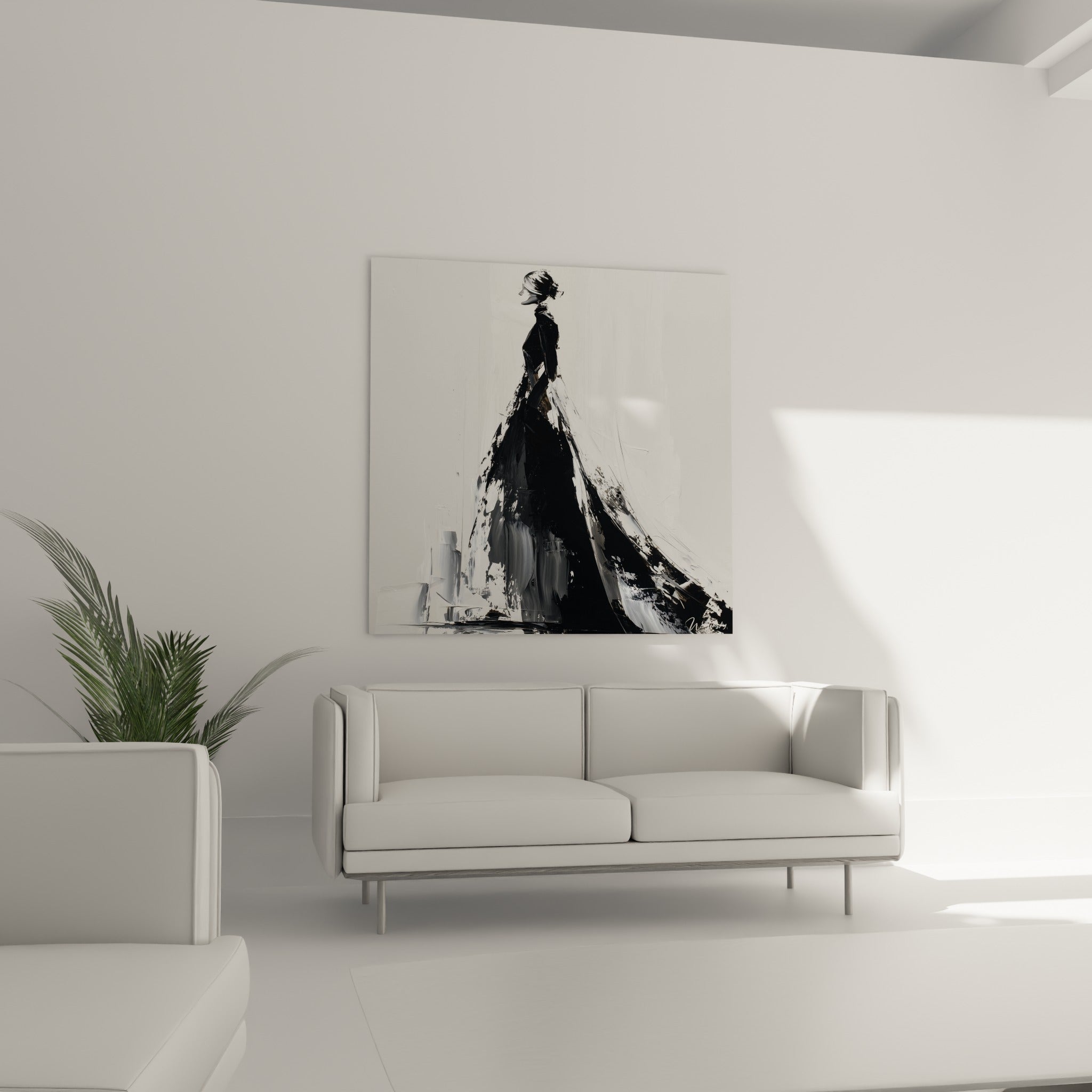 Femme en robe noire déployée, illustration de mode texturée, au-dessus d'un canapé dans un salon lumineux