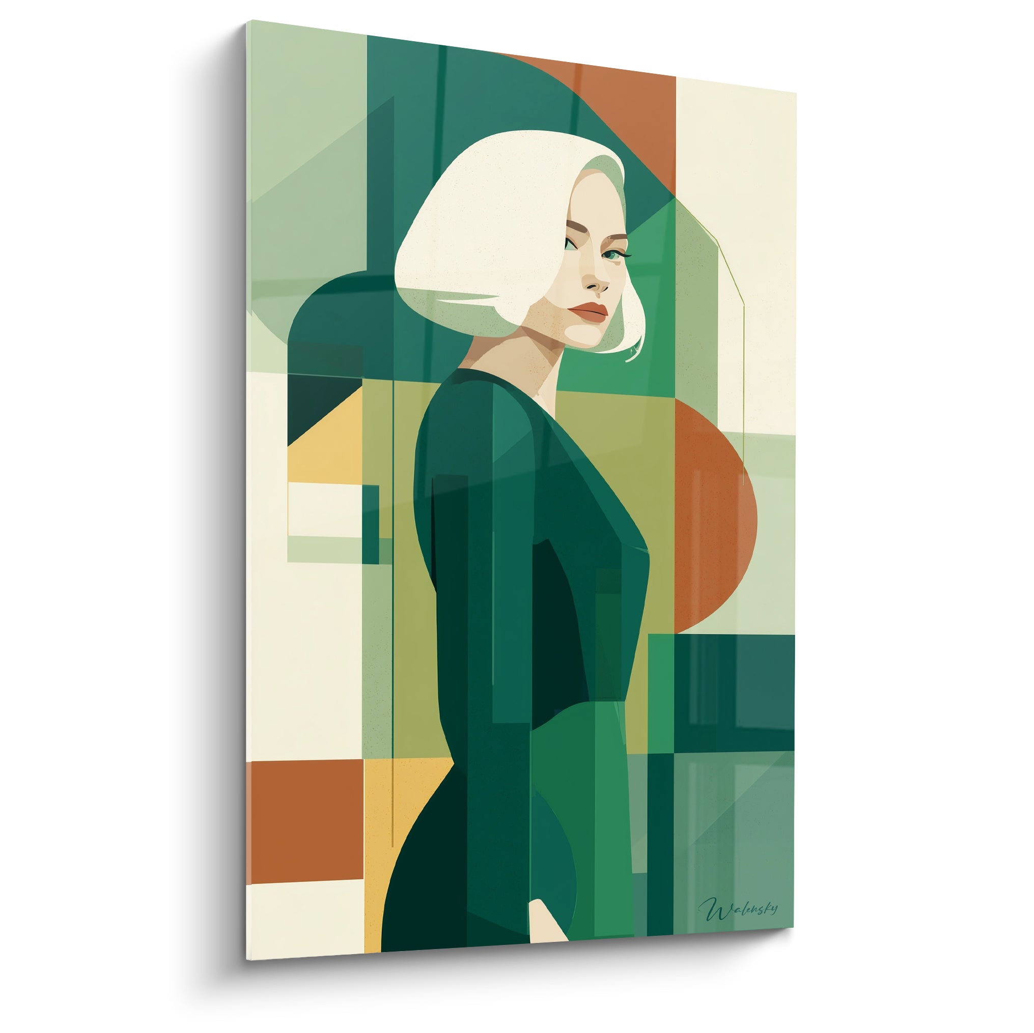 Illustration de mode : silhouette au carré blond, robe vert émeraude, fond géométrique terracotta et ocre