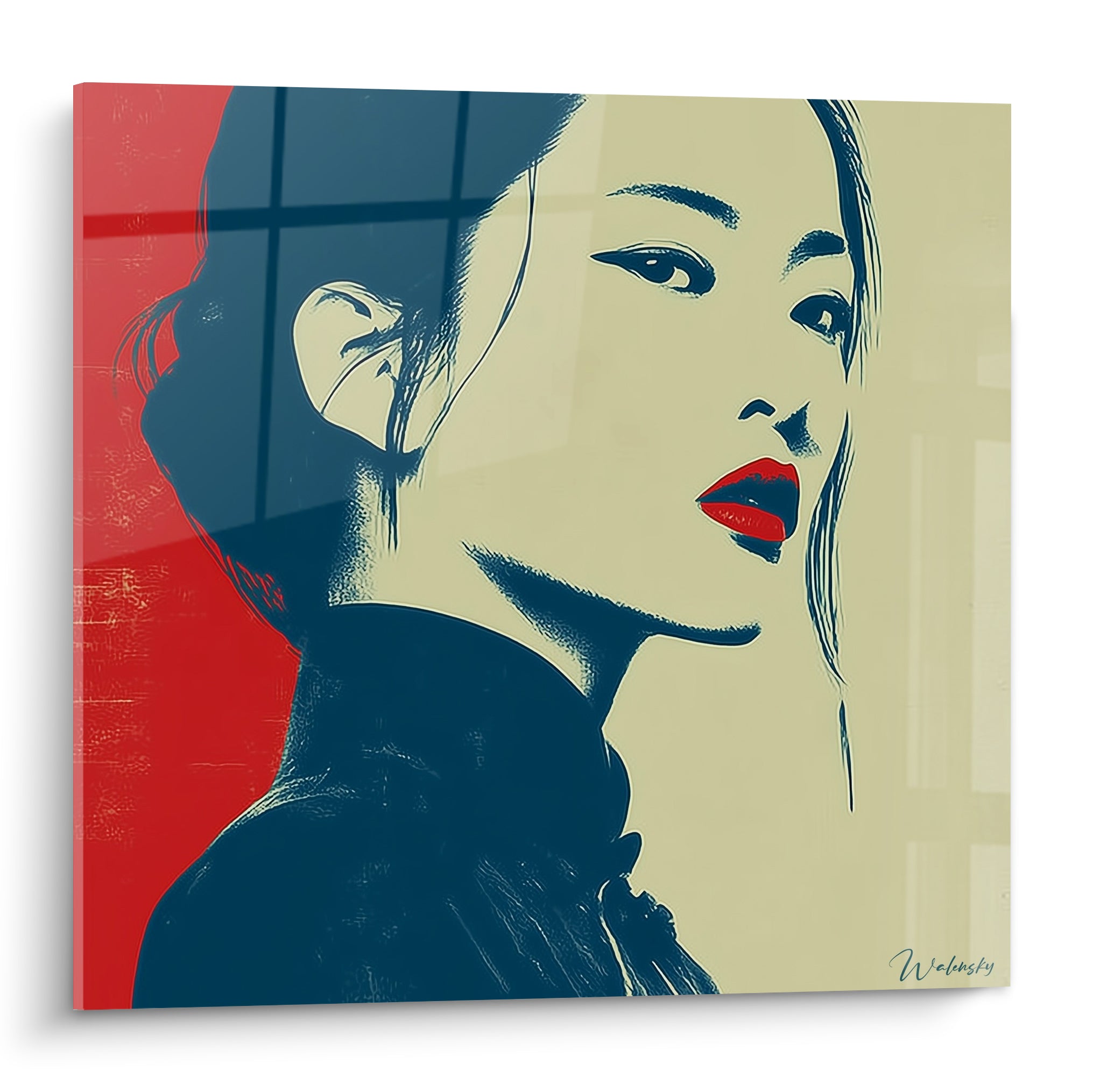Illustration de mode d'un portrait féminin bleu marine et rouge, lèvres rouges, style affiche graphique