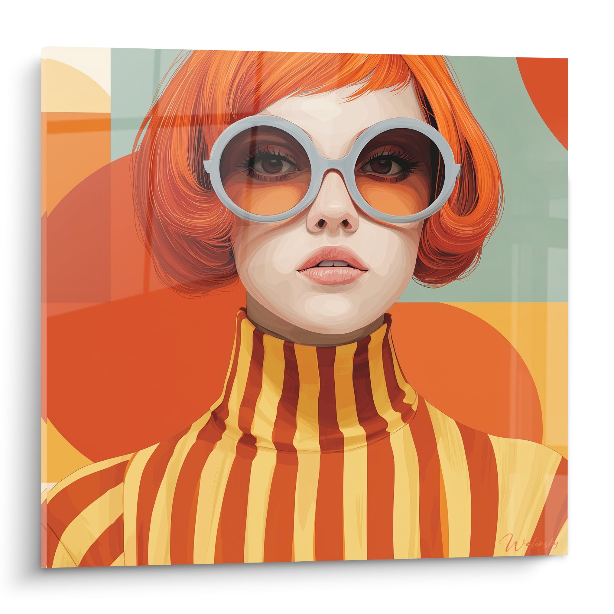 Portrait femme rousse illustration de mode, lunettes rondes, pull rayé rouge brique et jaune, fond orange