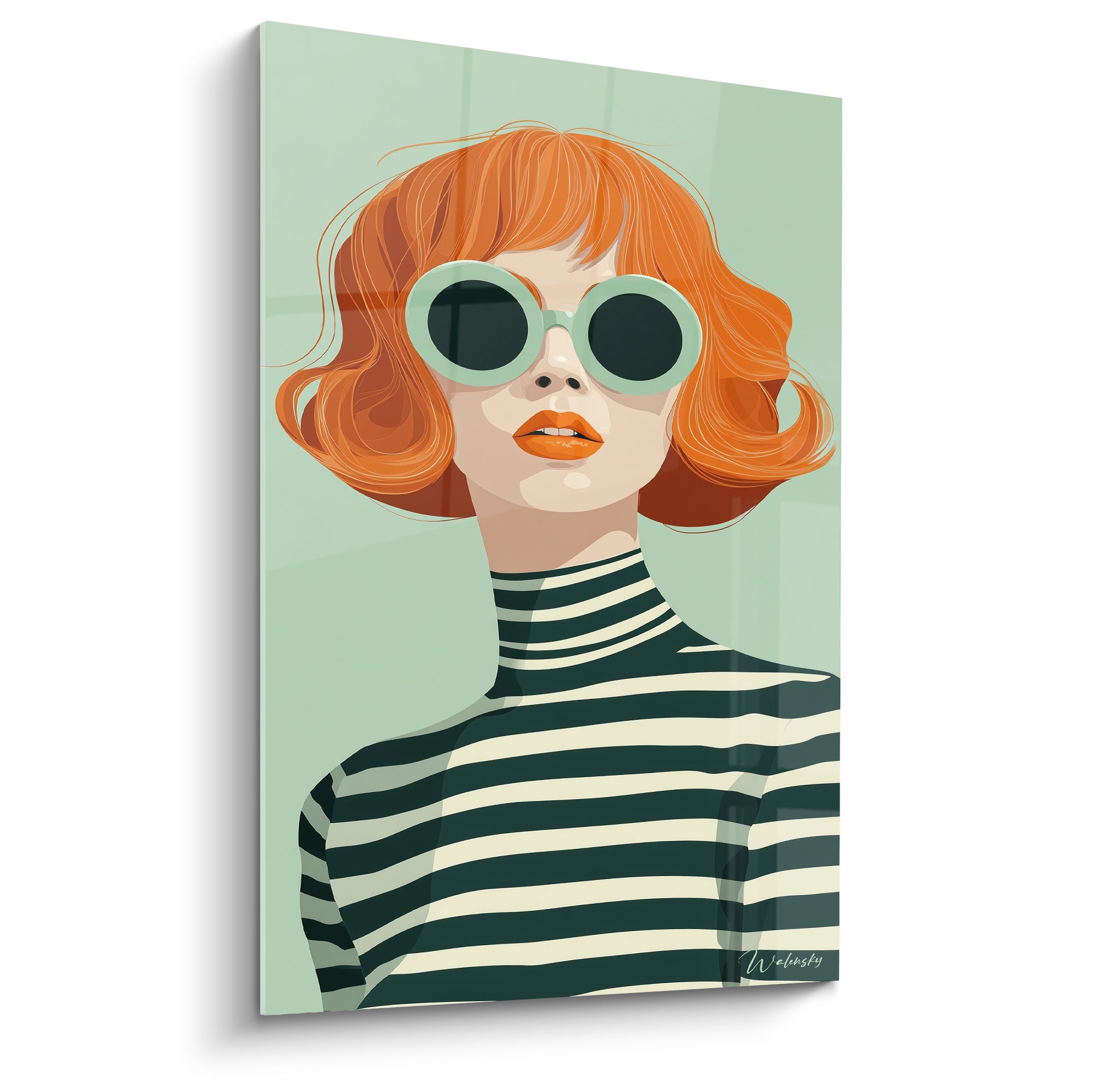 Femme illustrée aux cheveux orange vif, lunettes vertes rondes et pull rayé anthracite et crème