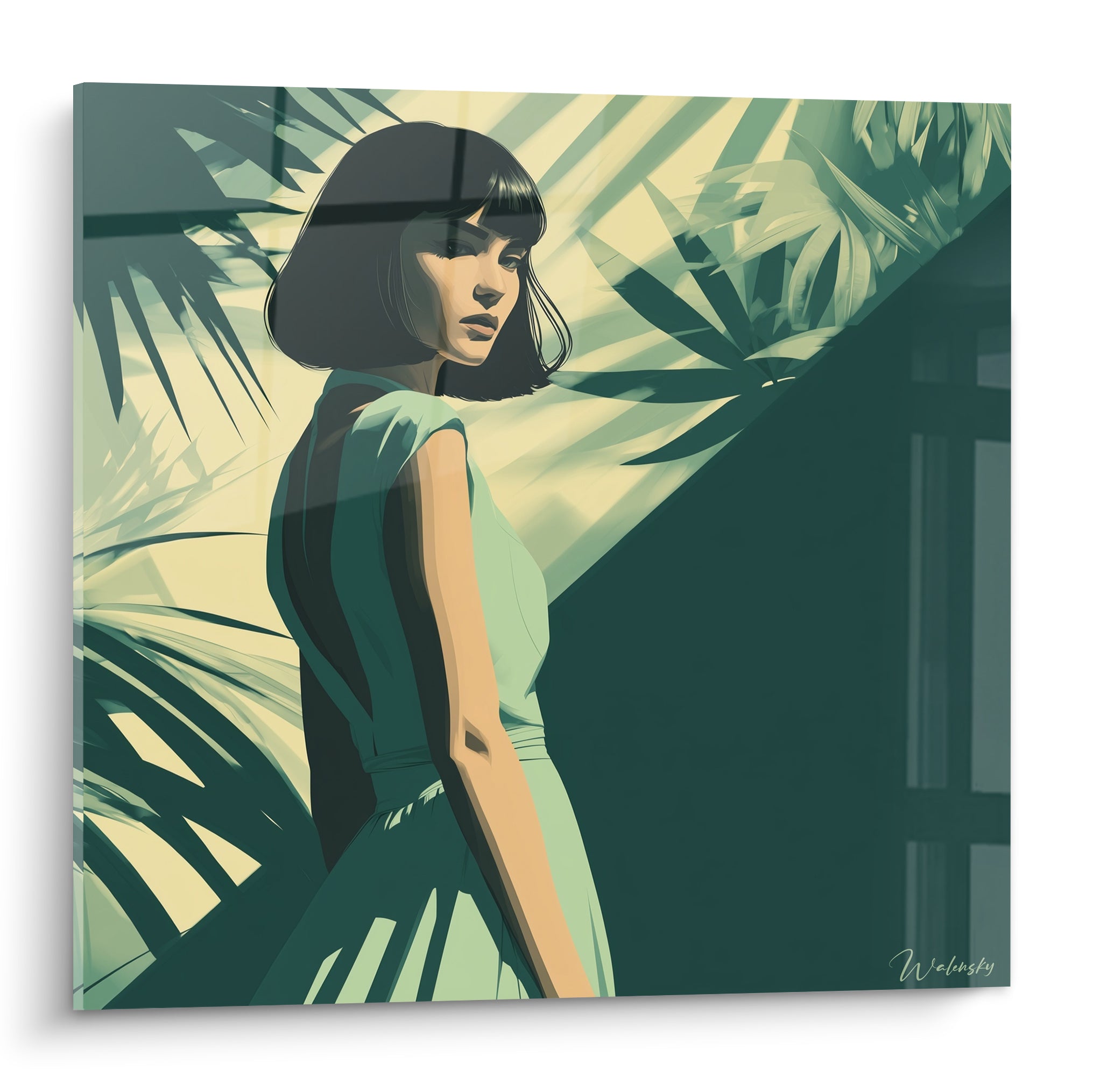 Femme au carré noir en robe vert sauge, feuillage tropical ocre et anthracite en fond.