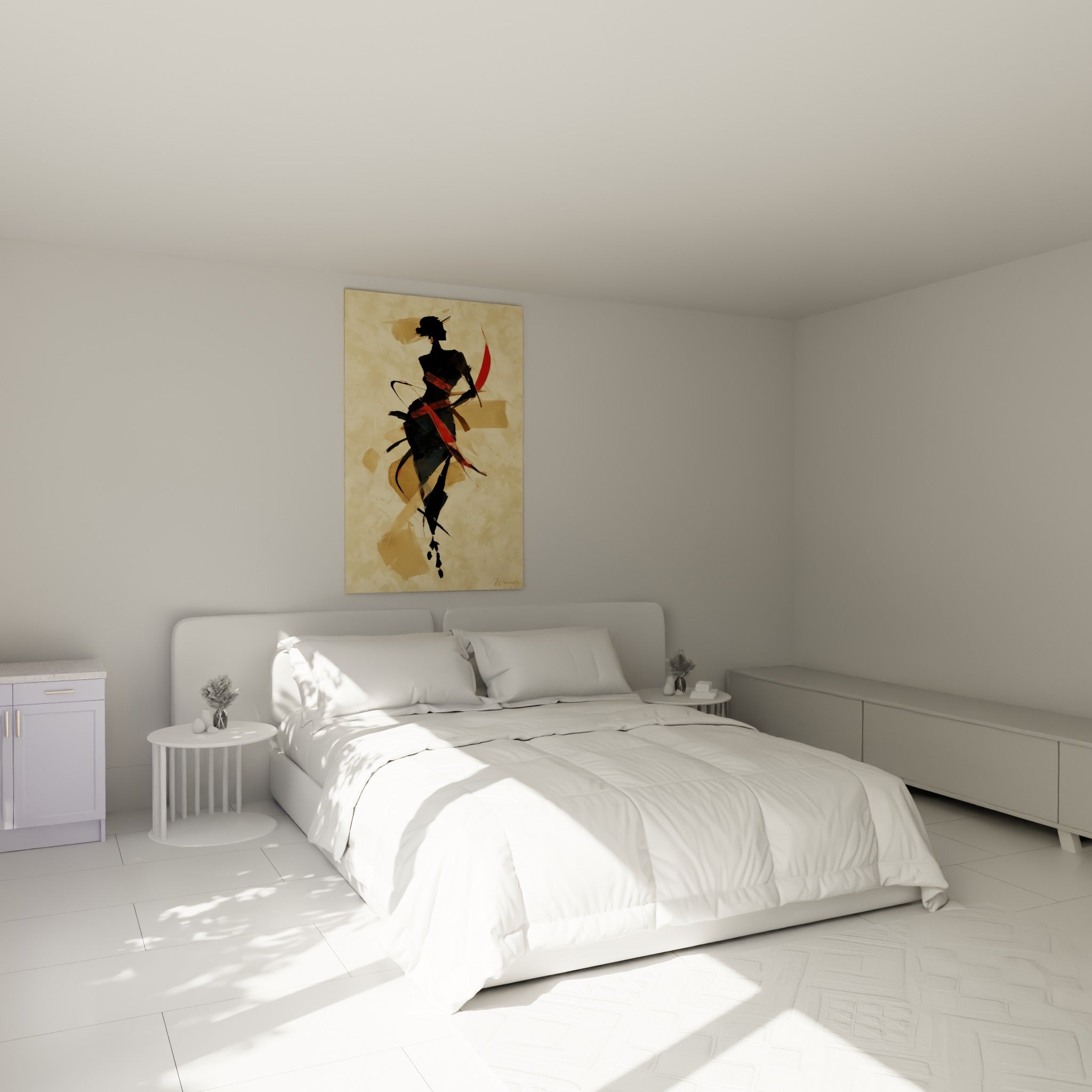Figure féminine noire aux rubans écarlates accrochée au-dessus d'un lit dans une chambre claire