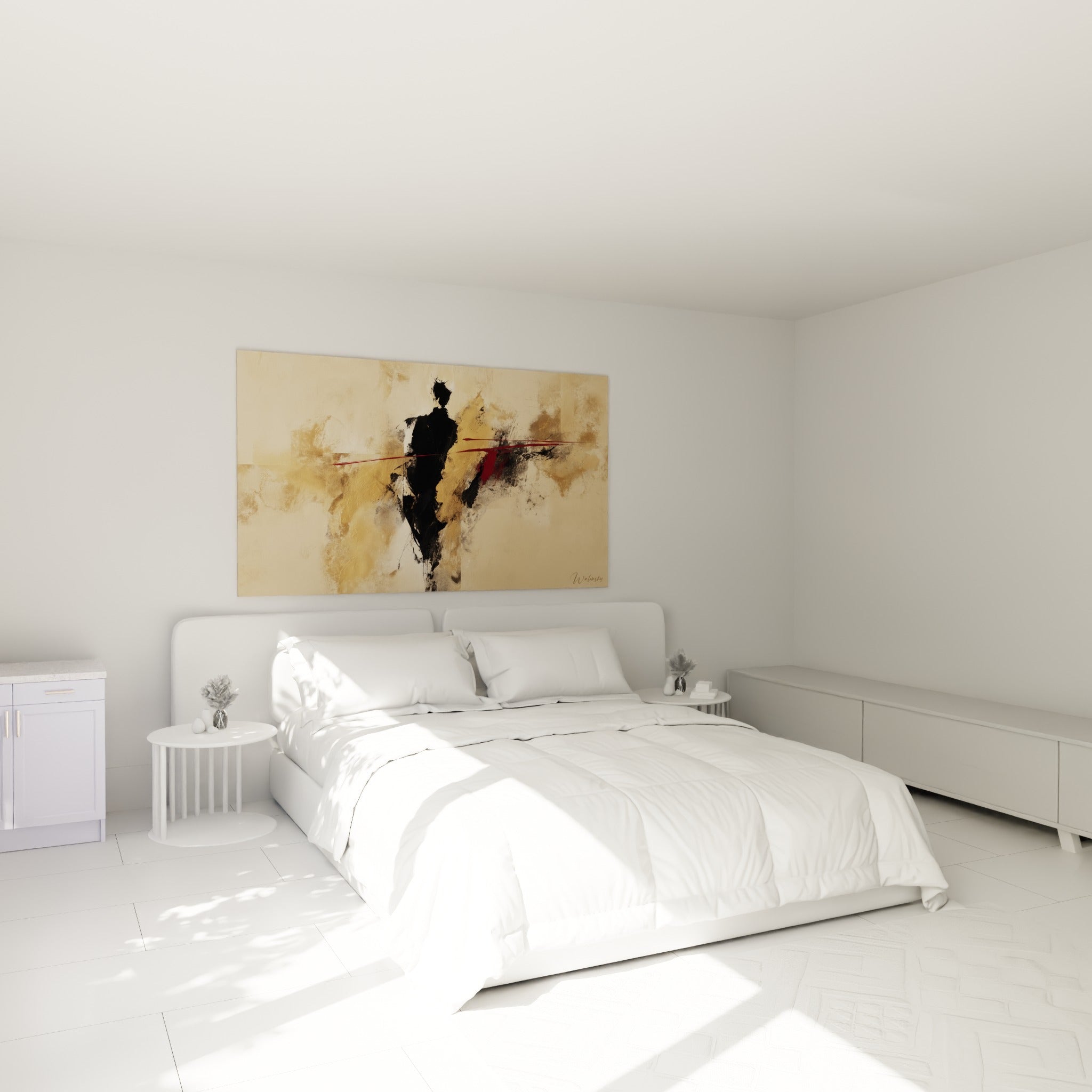 Figure sombre stylisée aux tons ocre et noir, accrochée au-dessus d'un lit dans une chambre claire