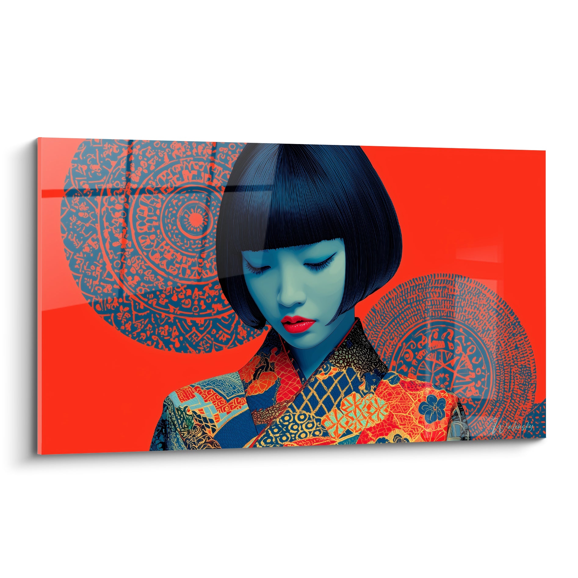 Geisha aux yeux clos, kimono bleu et orangé, fond rouge vif, portrait graphique intense