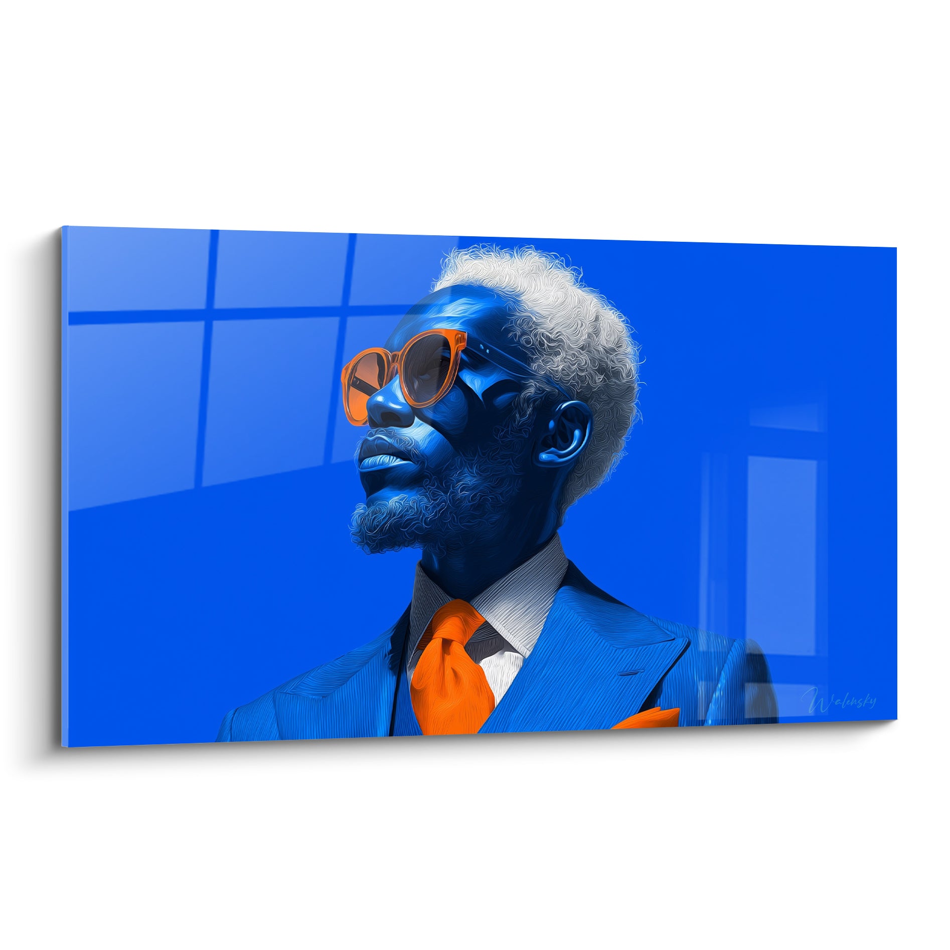 Homme au costume bleu marine et cravate orange, regard levé, illustration de mode graphique intense