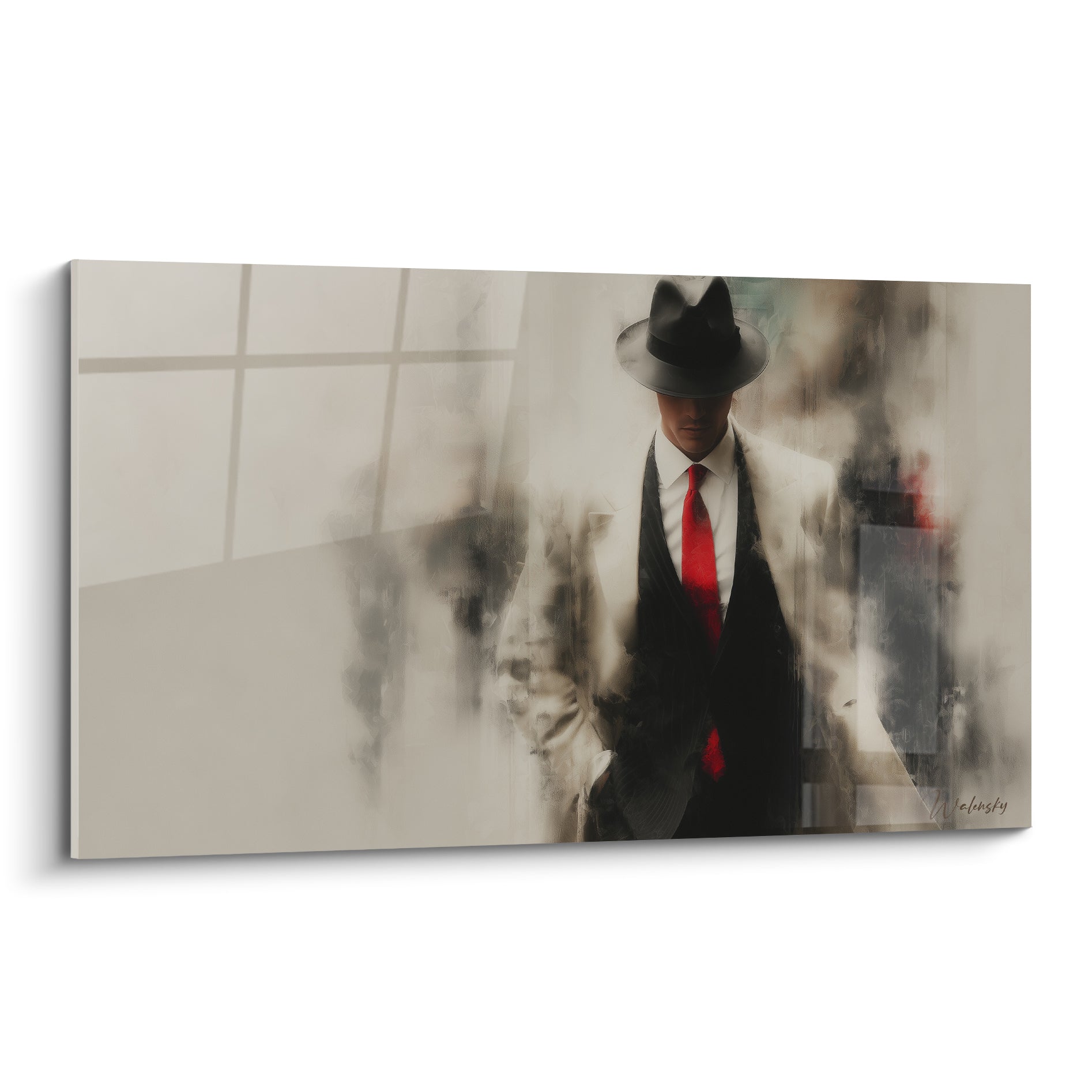 Homme au chapeau noir et cravate rouge se détachant sur fond beige embrumé, style pictural flouté