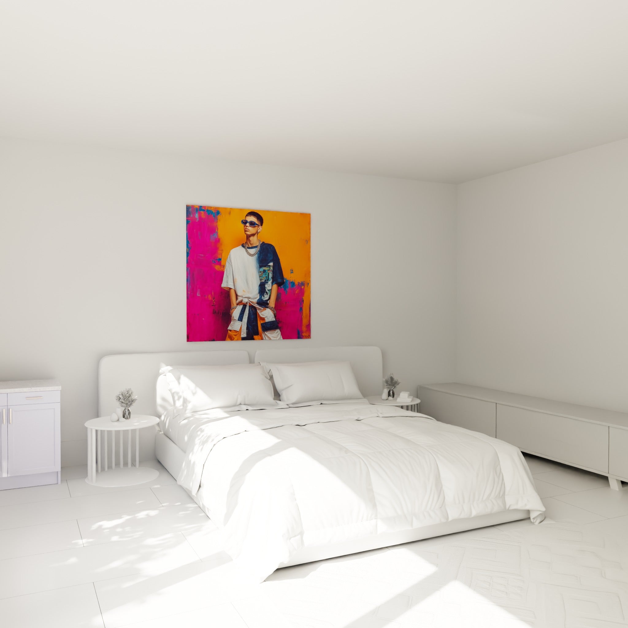 Jeune homme aux lunettes bleutées et chaîne argentée, tableau accroché au-dessus d'un lit dans une chambre claire