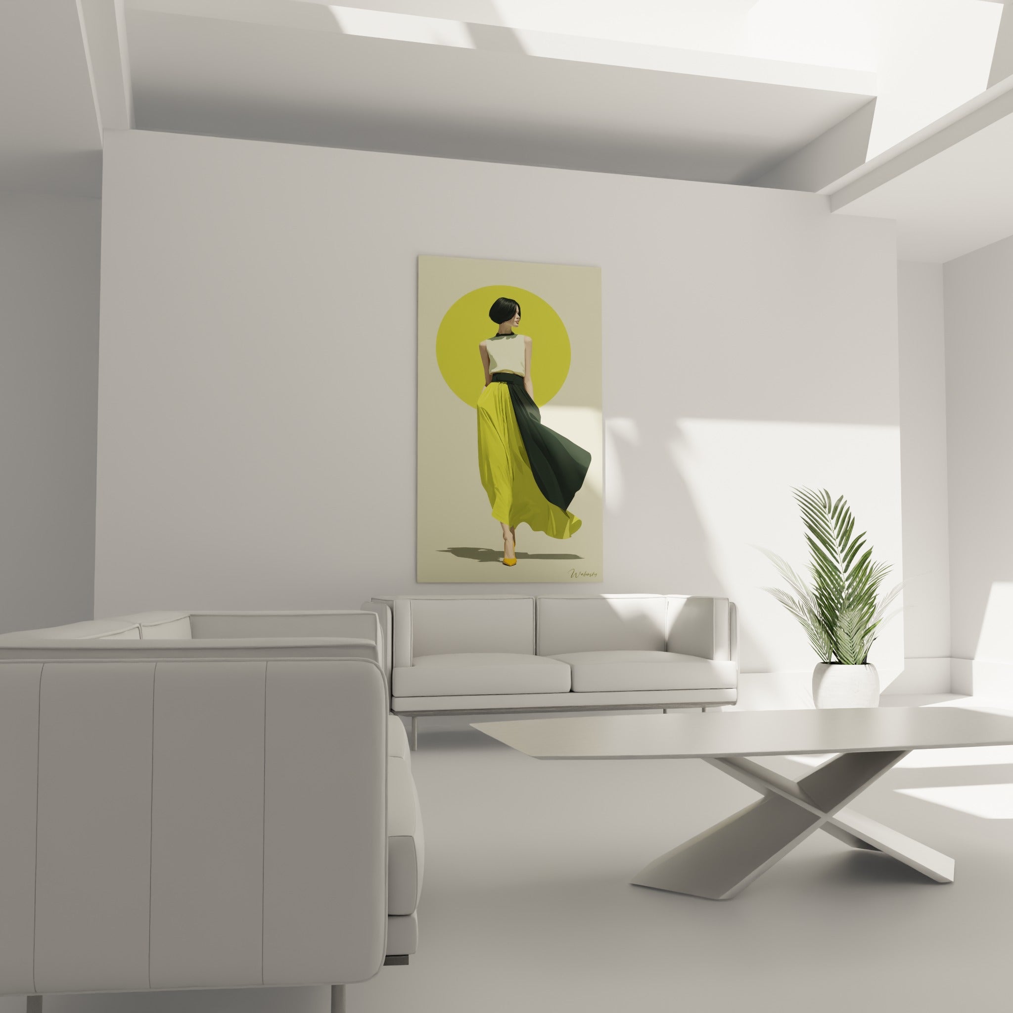 Jupe fluide jaune citron et anthracite, illustration de mode au-dessus d'un canapé dans un salon lumineux