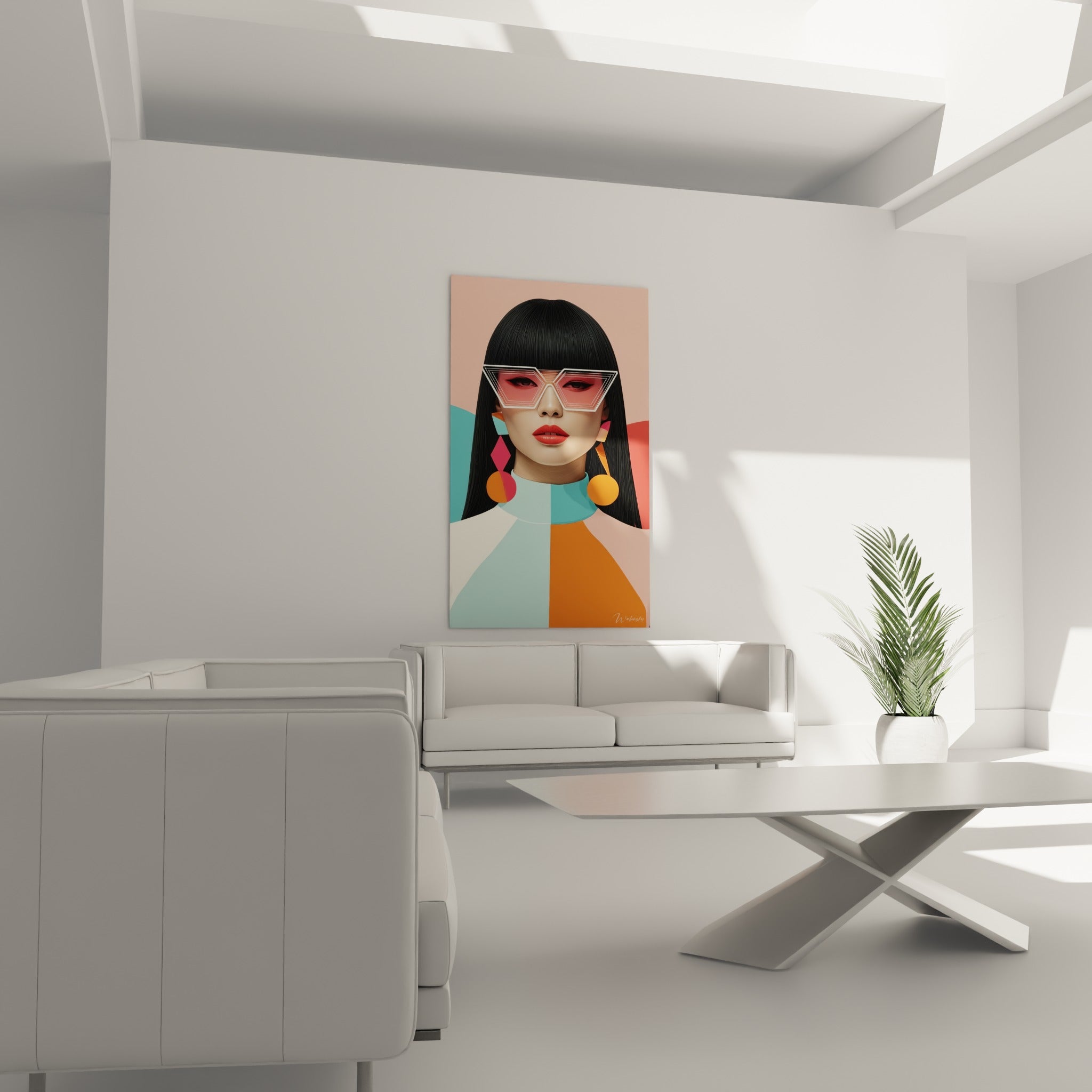 Visage stylisé aux lèvres rouges et lunettes géométriques d'illustration de mode au-dessus d'un canapé dans un salon lumineux