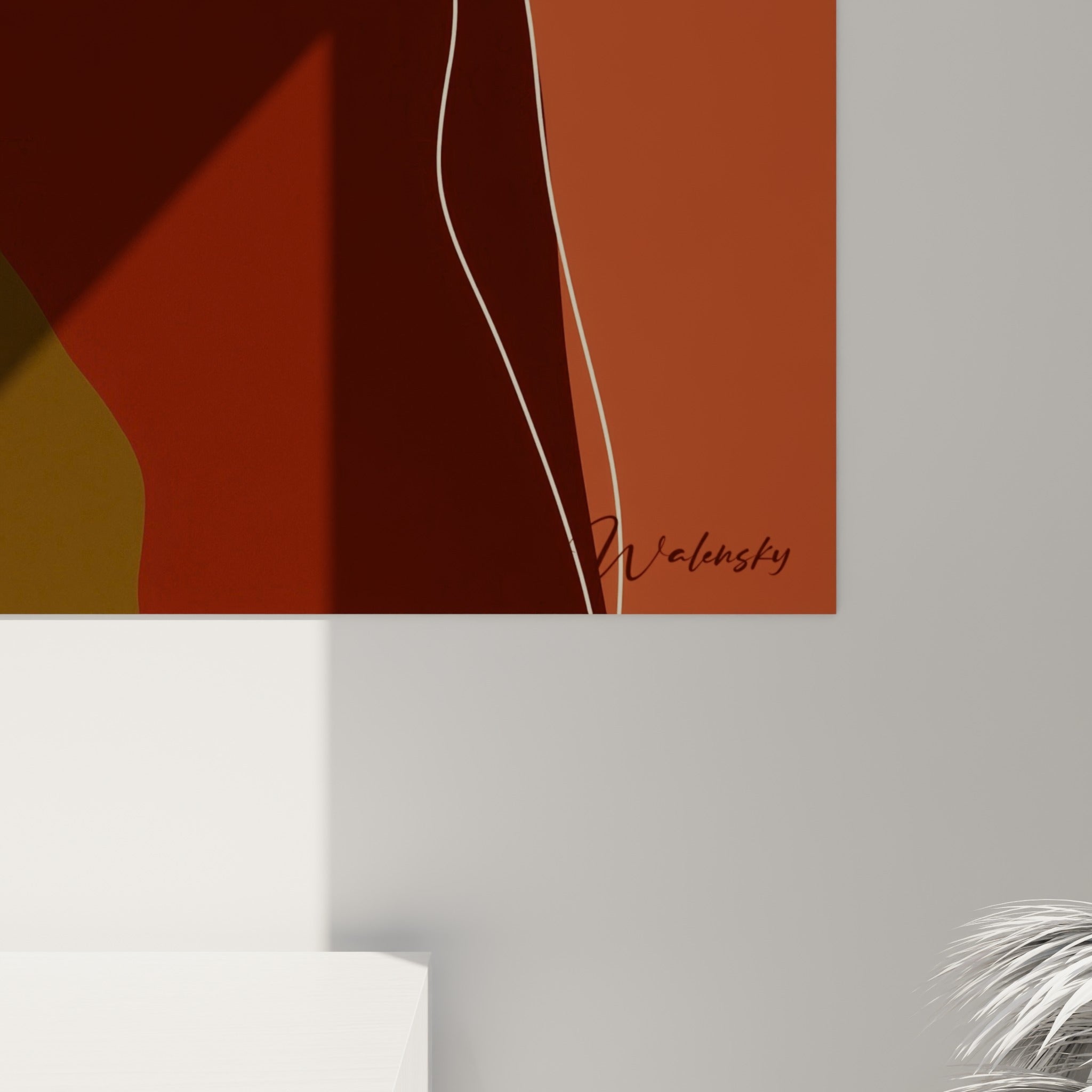 Détail des traits blancs fins sur fond olive et orange, grain visible de l'impression murale