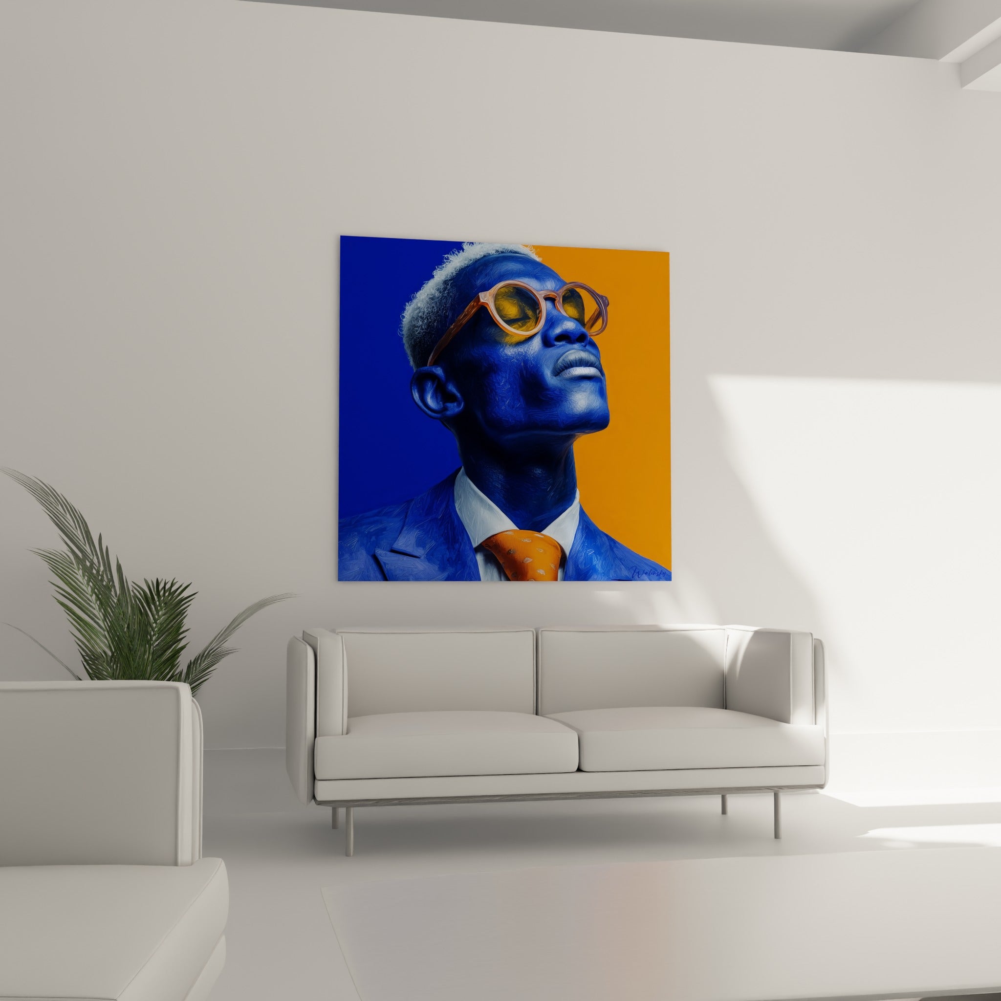 Silhouette en costume bleu et cravate orange, suspendue au-dessus d'un canapé dans un salon lumineux