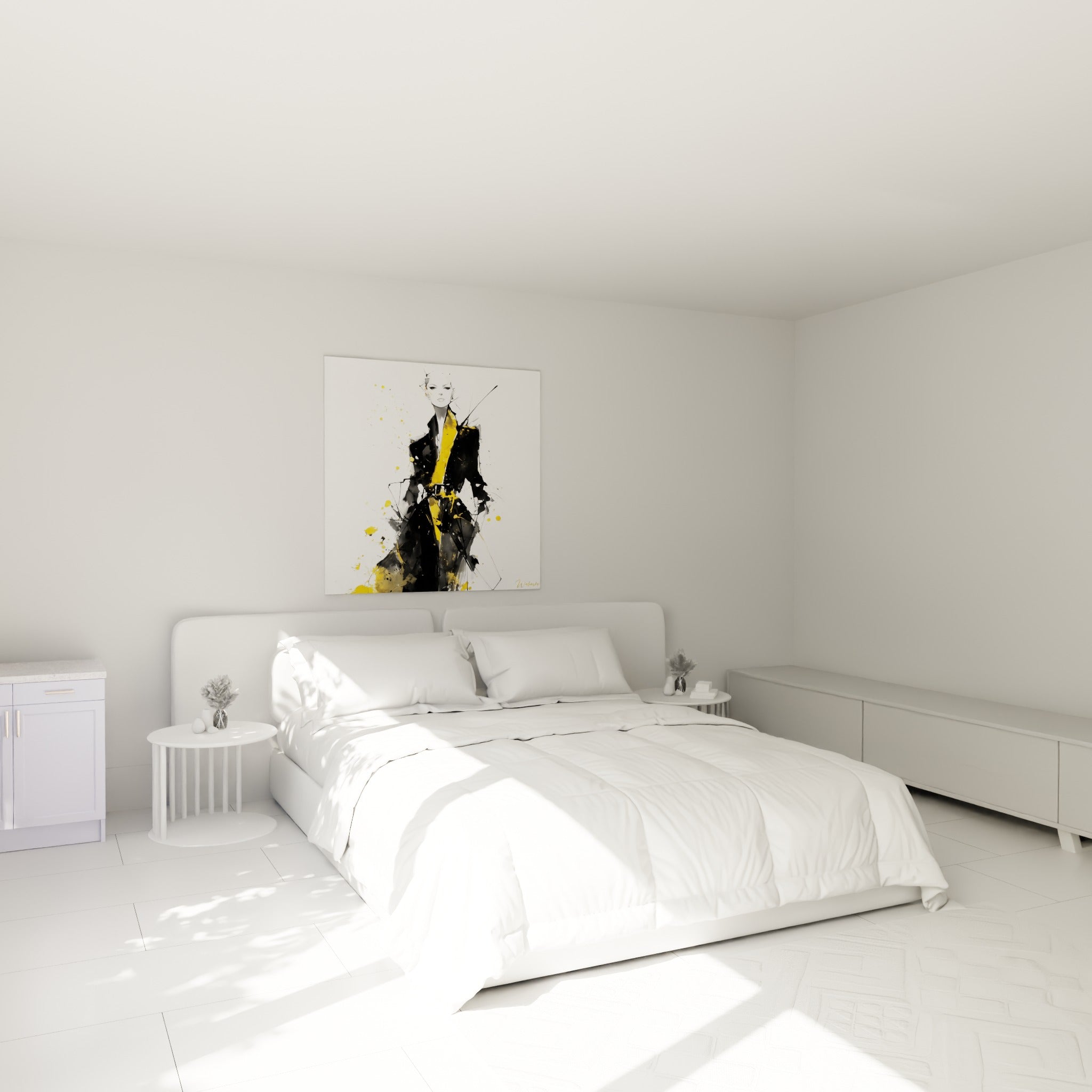 Figure féminine stylisée noir et jaune, éclaboussures d'encre au-dessus d'un lit dans une chambre claire