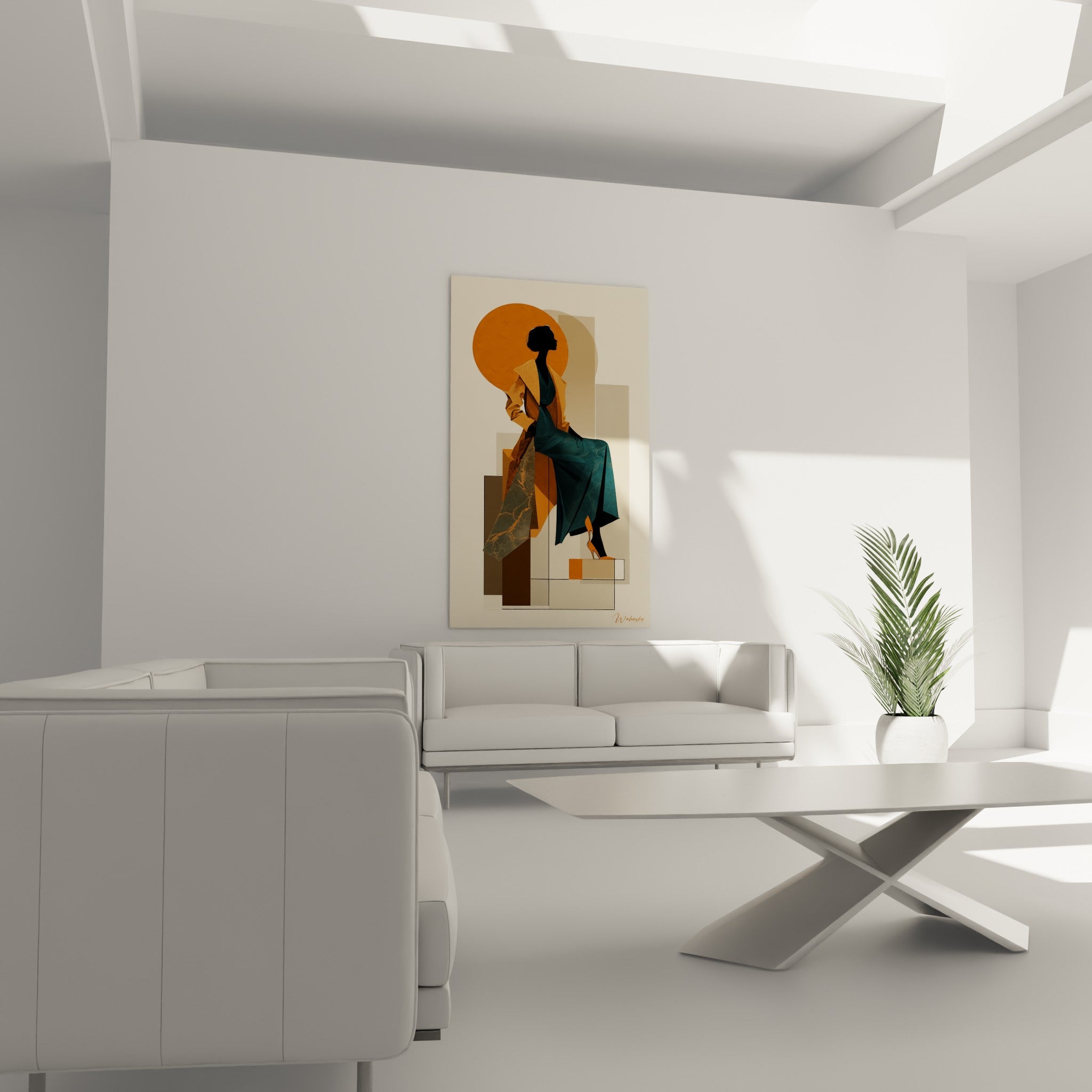 Personnage graphique en teintes orange et vert émeraude, illustration de mode au-dessus d'un canapé dans un salon lumineux
