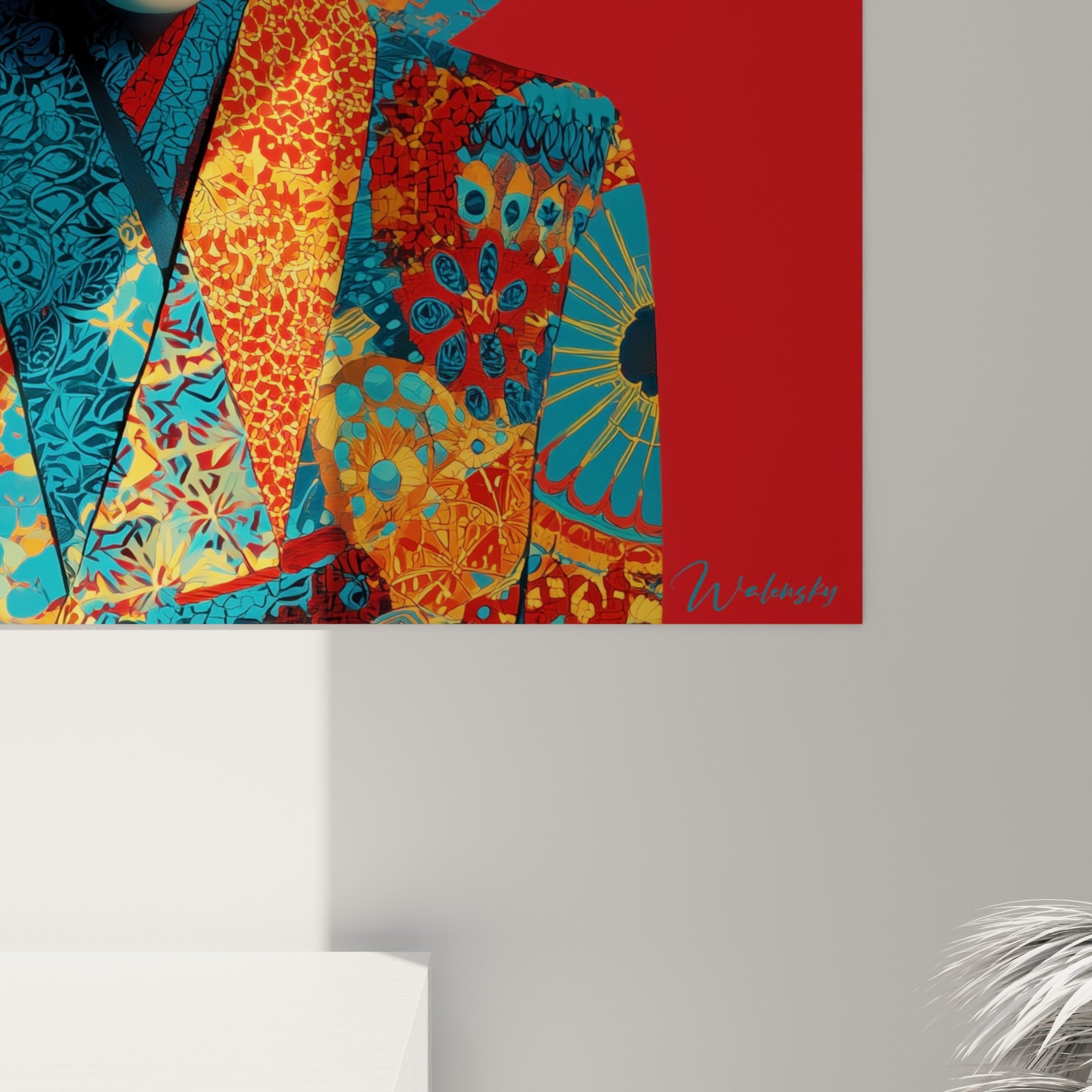 Empâtements colorés du kimono, textures rouge et turquoise entremêlées, grain visible de l'impression murale