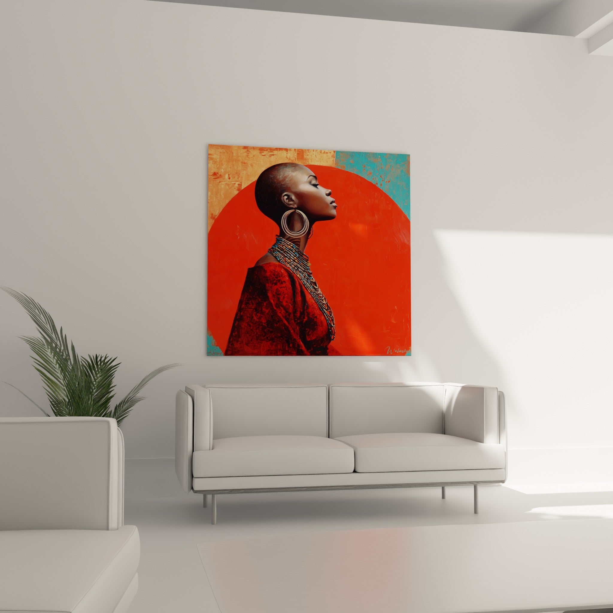 Silhouette au vêtement rouge sombre et colliers turquoise, disposée au-dessus d'un canapé dans un salon lumineux