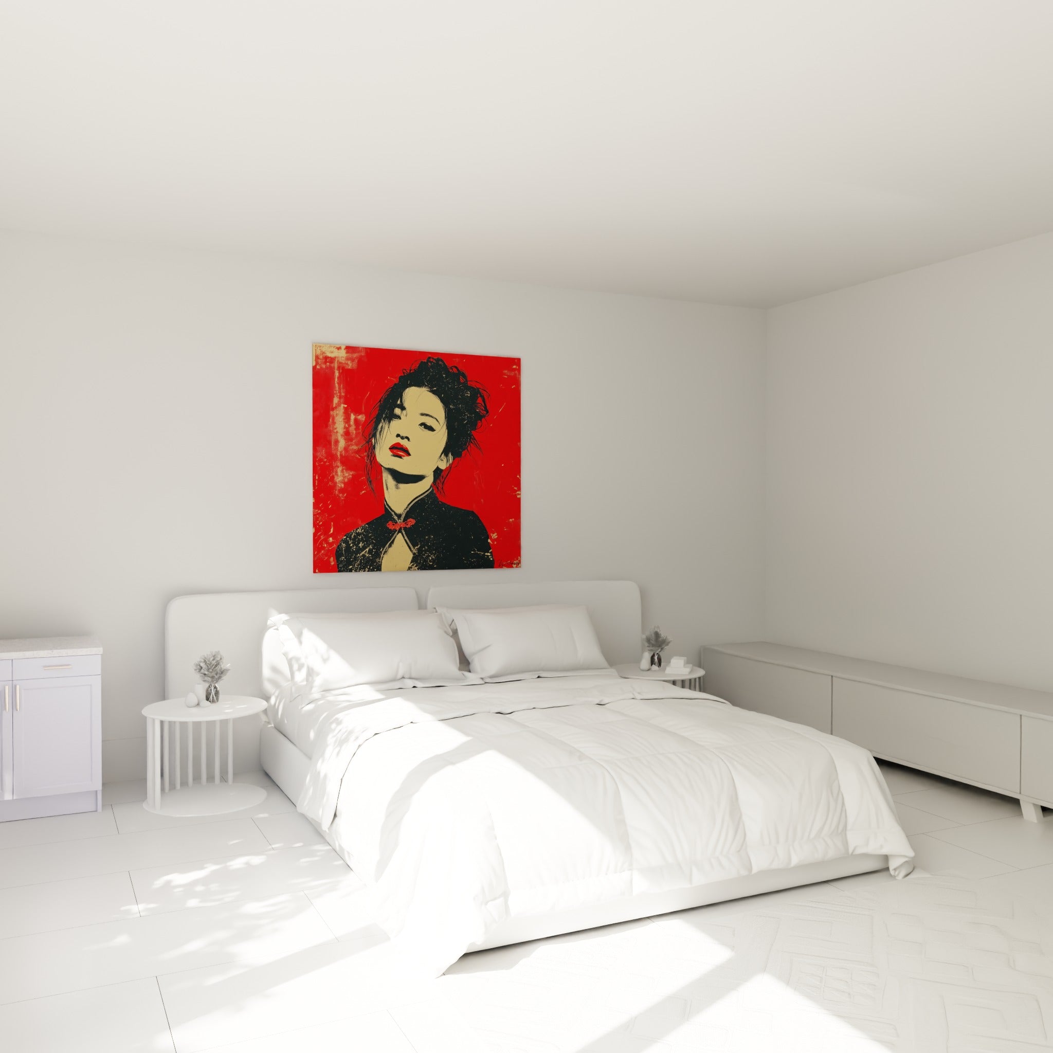 Portrait rouge et noir d'une femme stylisée, illustration de mode au-dessus d'un lit dans une chambre claire