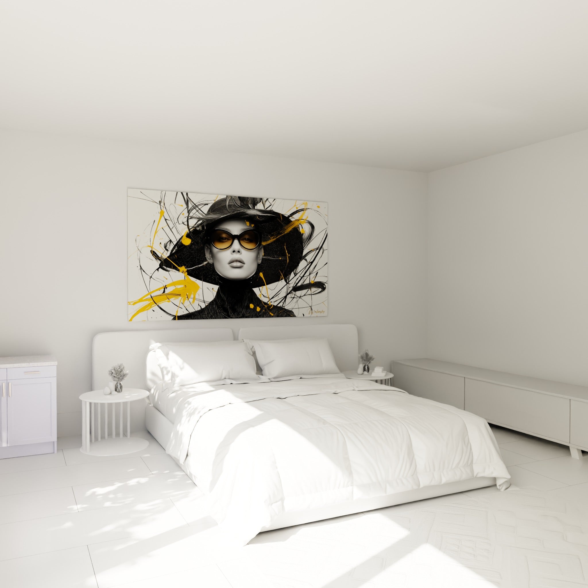 Silhouette illustration de mode en noir et doré accrochée au-dessus d'un lit dans une chambre claire