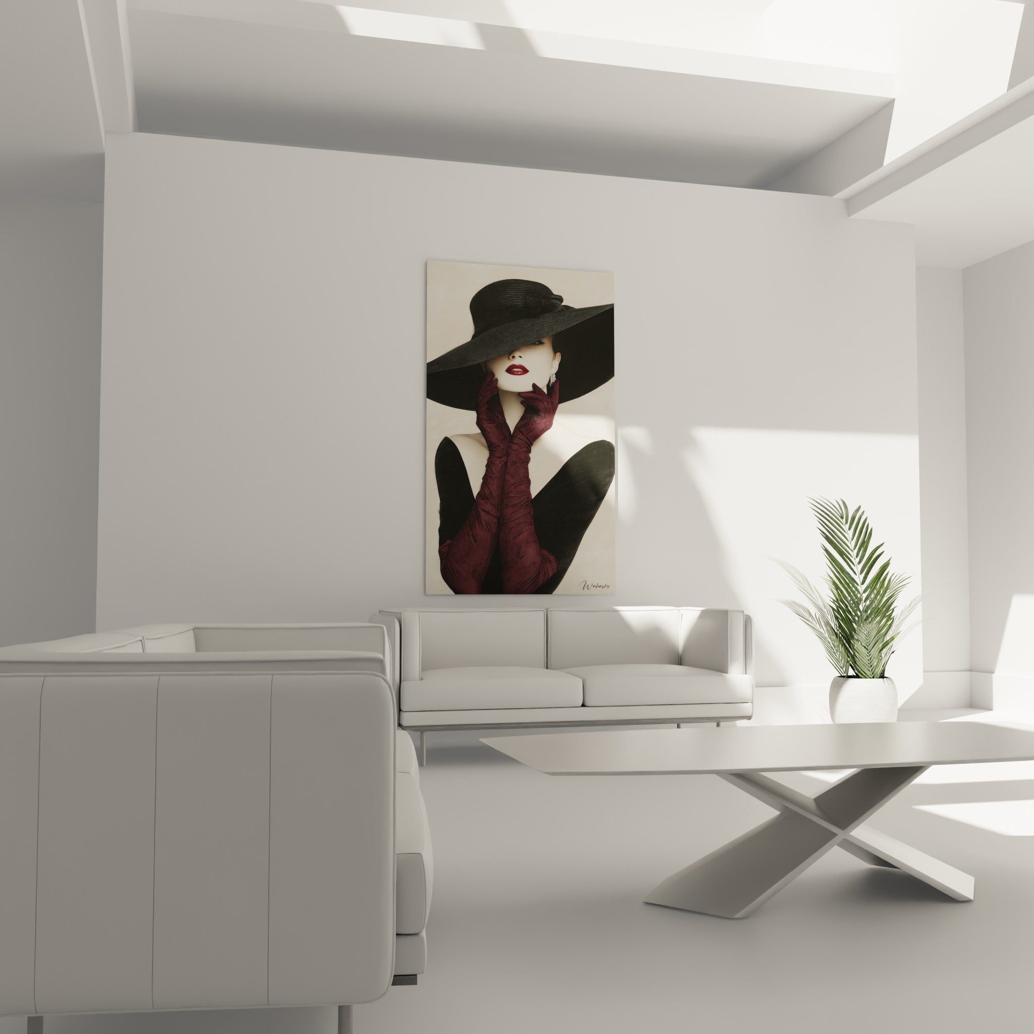 Silhouette raffinée en chapeau noir et gants pourpres, au-dessus d'un canapé dans un salon lumineux
