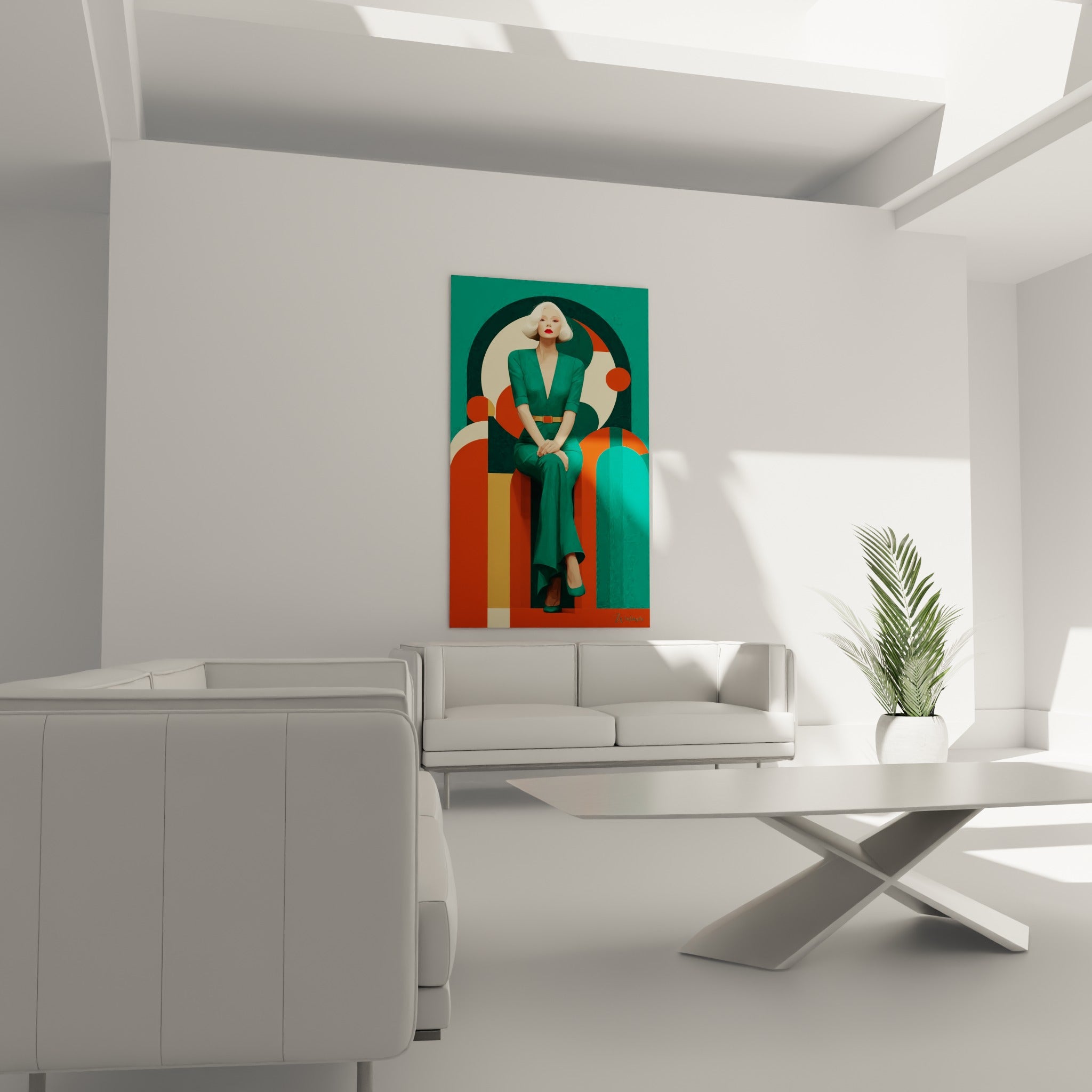 Portrait géométrique vert et terracotta d'une femme blonde, au-dessus d'un canapé dans un salon lumineux