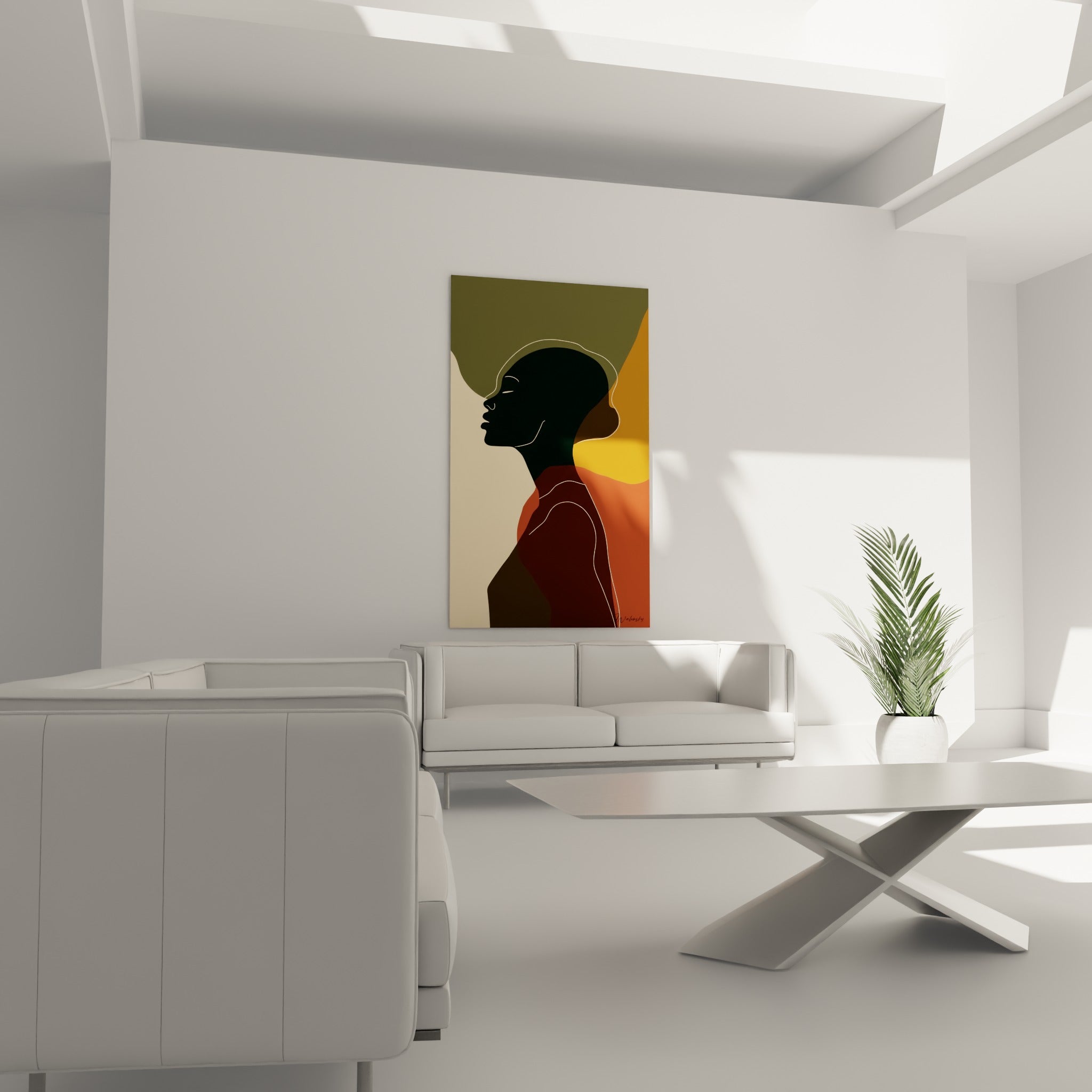 Portrait graphique aux teintes ocre et brun rouille, au-dessus d'un canapé dans un salon lumineux