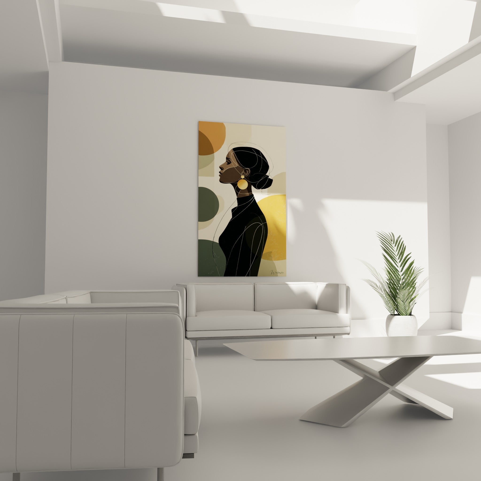 Portrait stylisé ocre et anthracite, illustration de mode au-dessus d'un canapé dans un salon lumineux