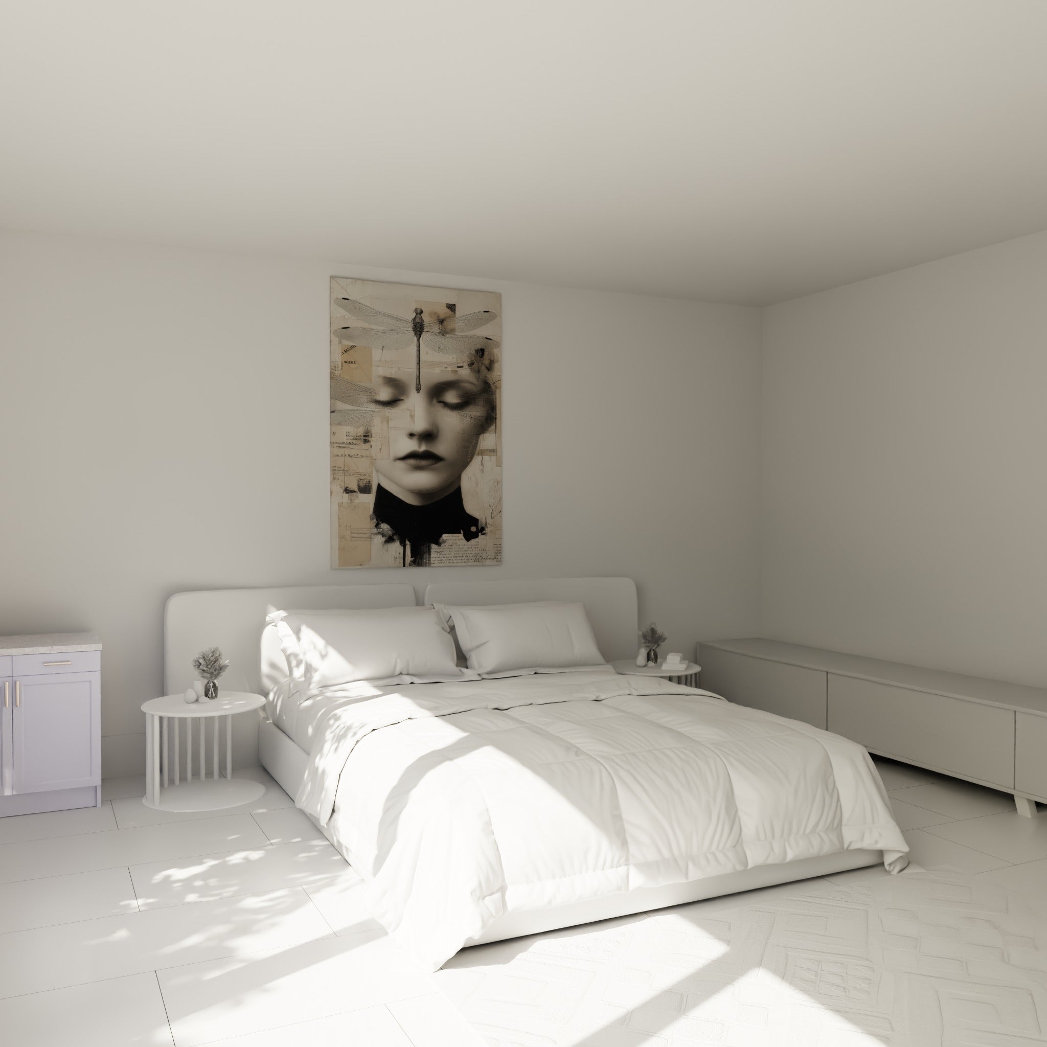 Portrait onirique beige et noir à la libellule délicate, au-dessus d'un lit dans une chambre claire