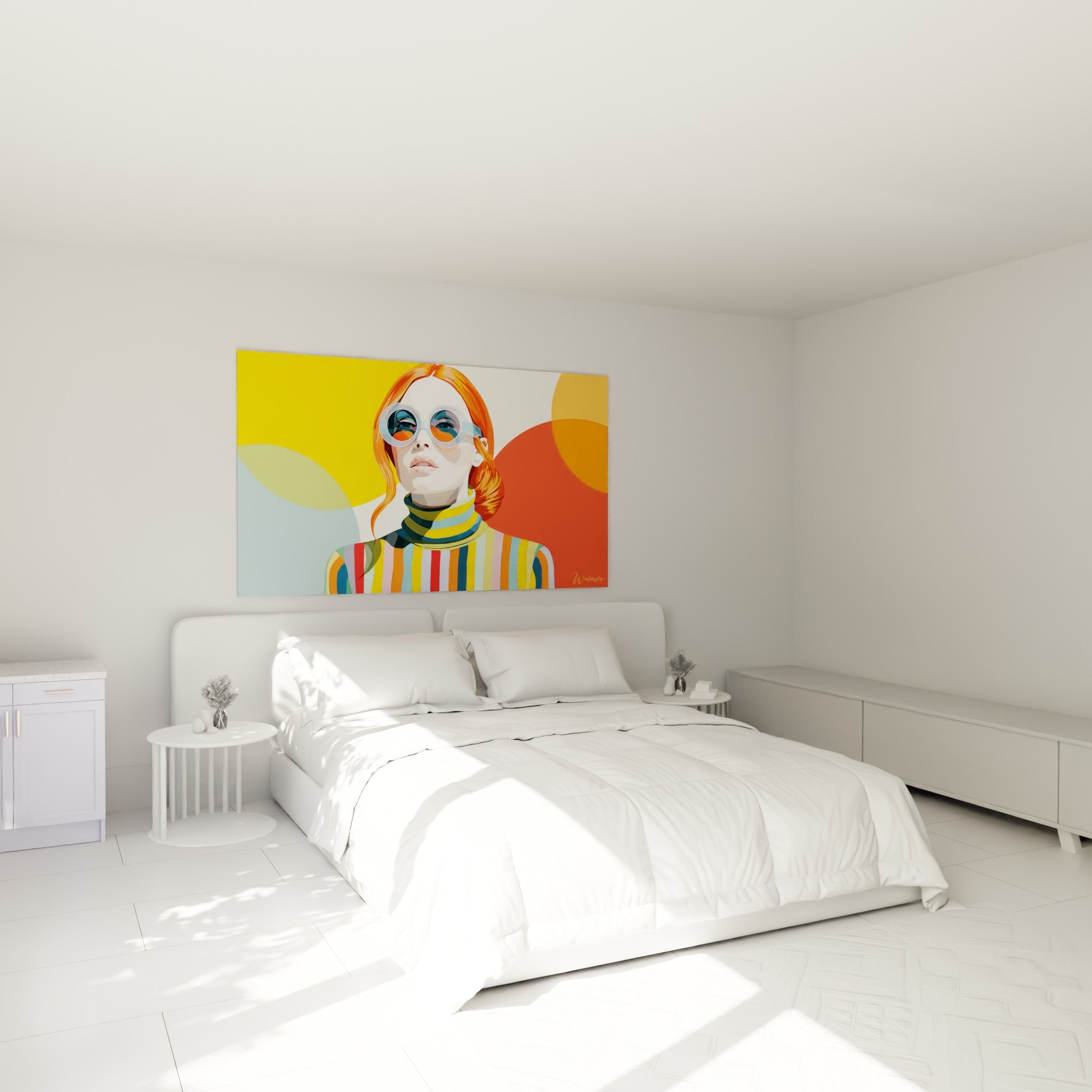 Portrait coloré aux tons orange et jaune, illustration de mode accrochée au-dessus d'un lit dans une chambre claire