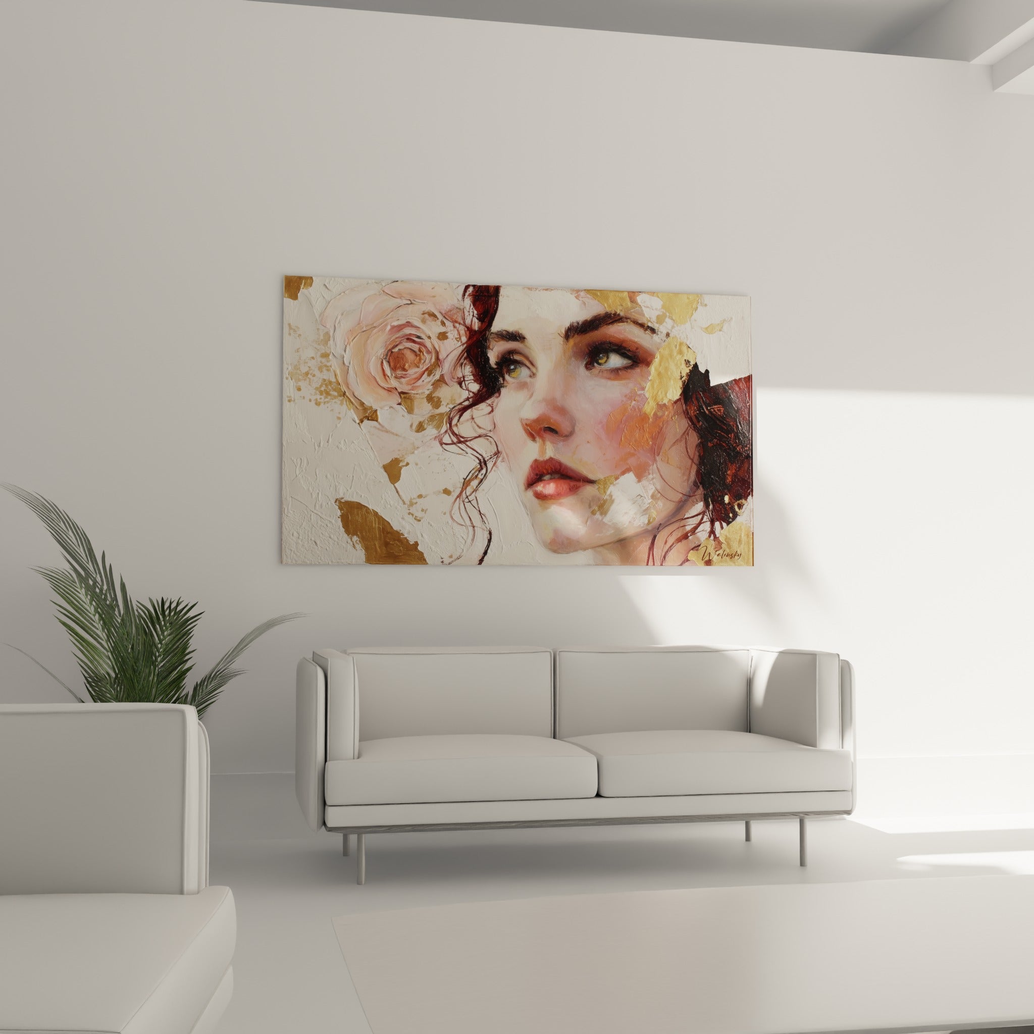 Visage peint aux tons ocre et bordeaux, orné d'une rose rose pâle, au-dessus d'un canapé dans un salon lumineux