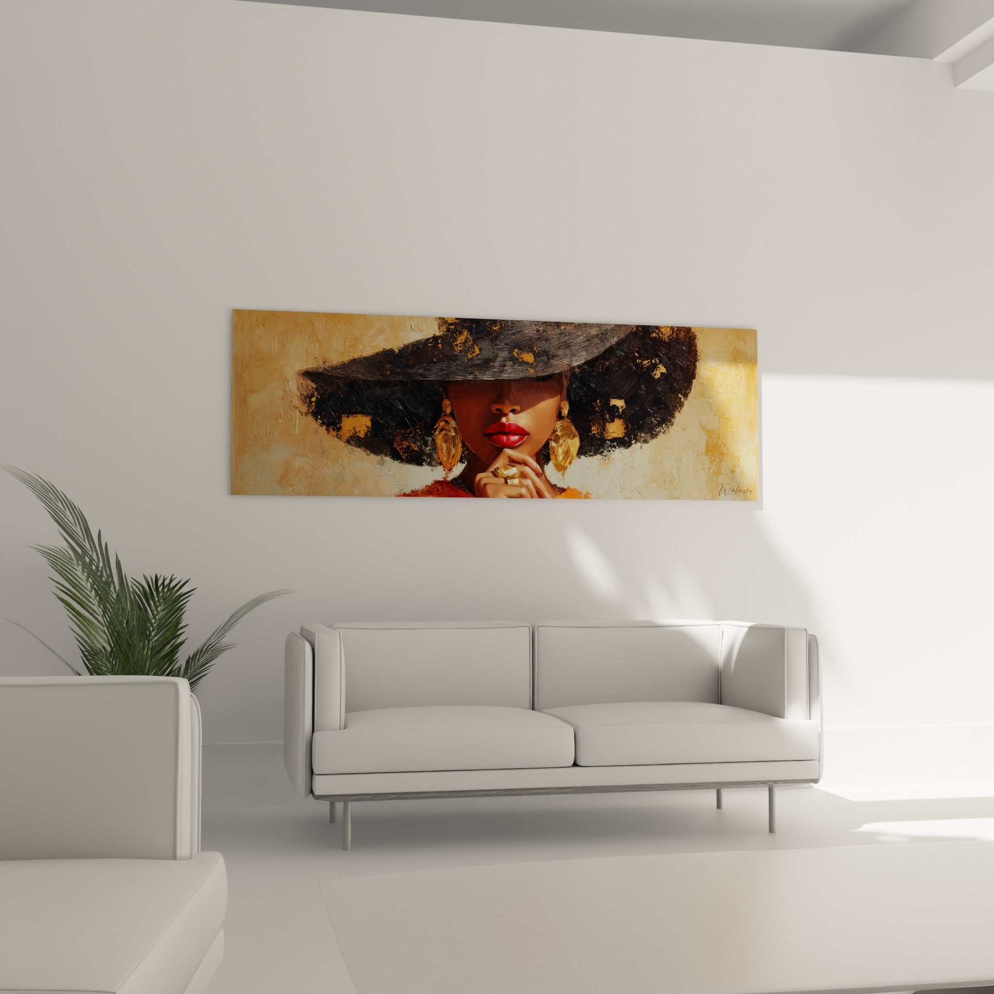 Portrait mystérieux aux tons terracotta et anthracite, illustration de mode au-dessus d'un canapé dans un salon lumineux