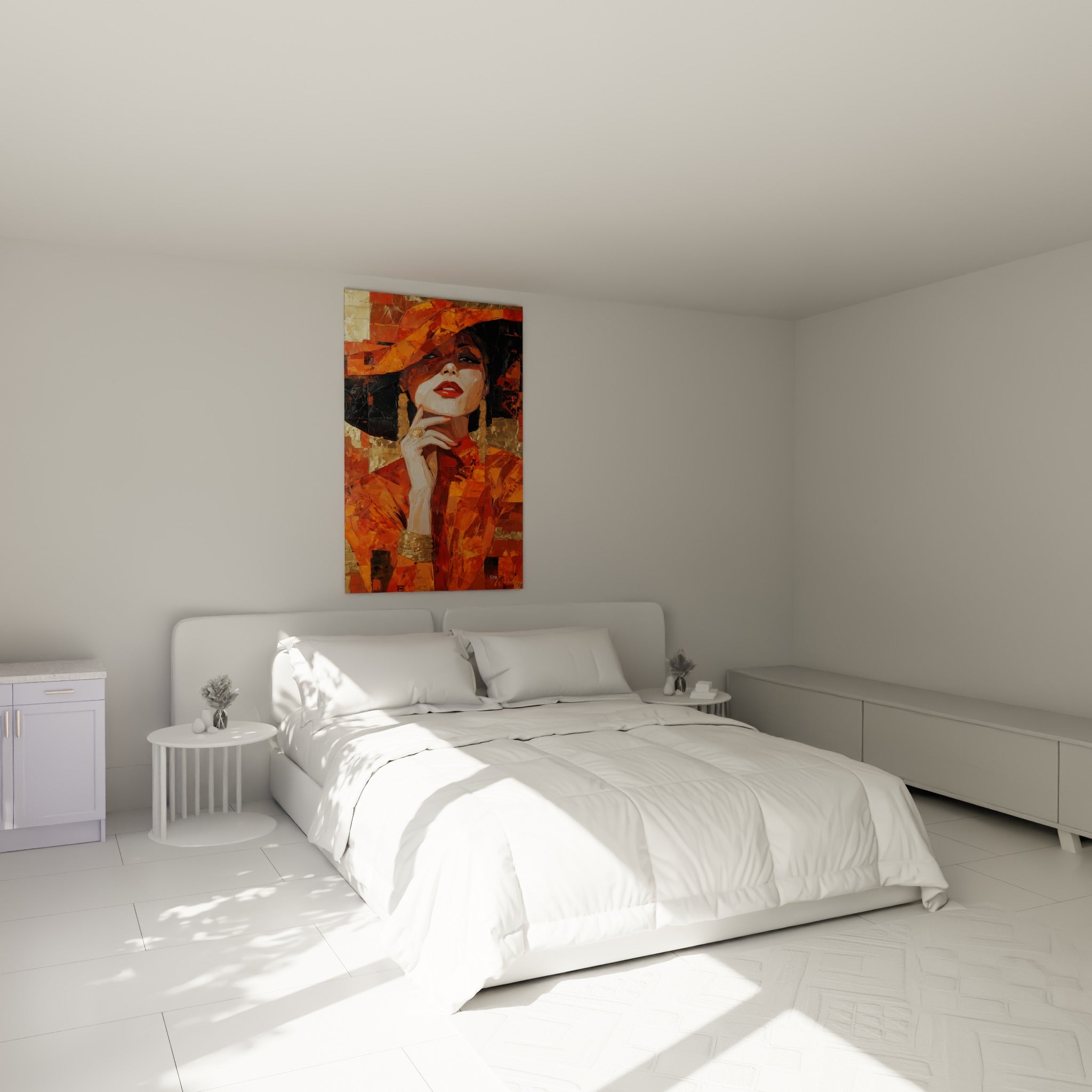 Portrait féminin aux teintes orange et dorées surplombant un lit dans une chambre claire et épurée