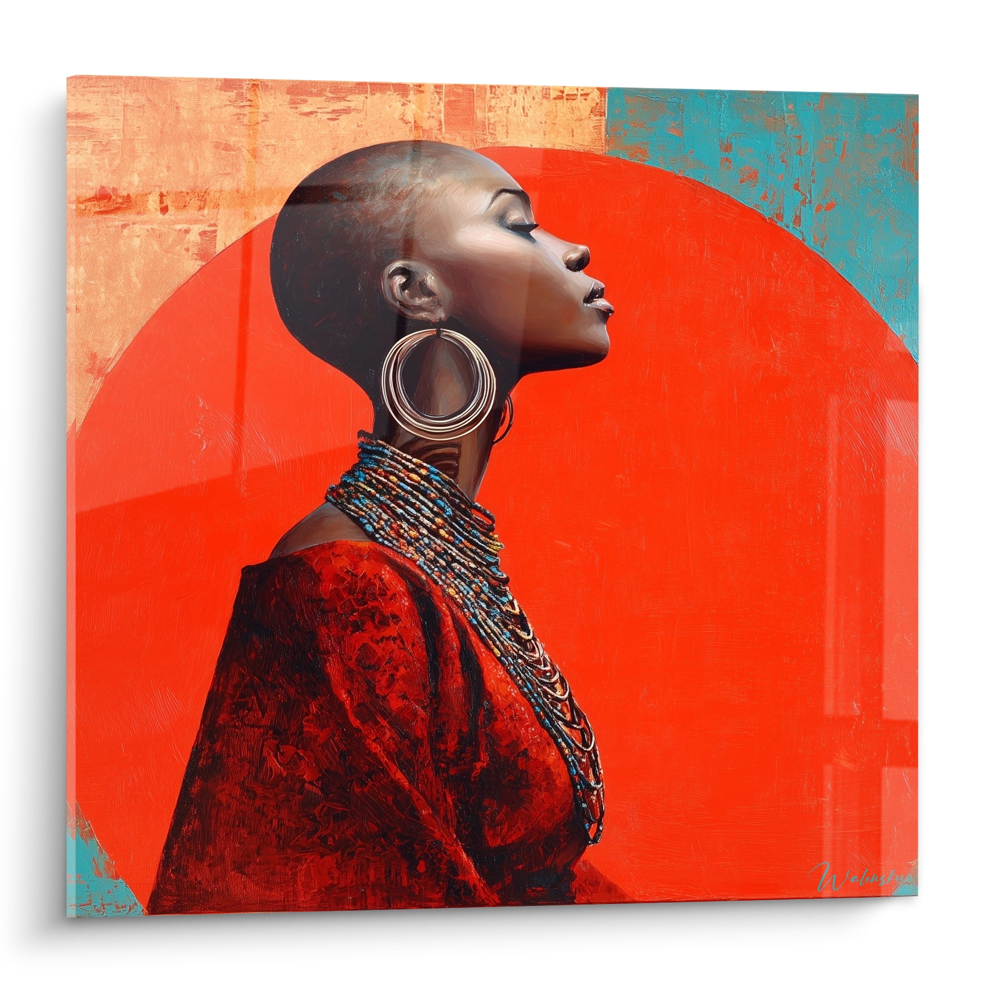 Profil de femme au fond rouge vermillon, bijoux dorés et perles turquoise, style pictural texturé