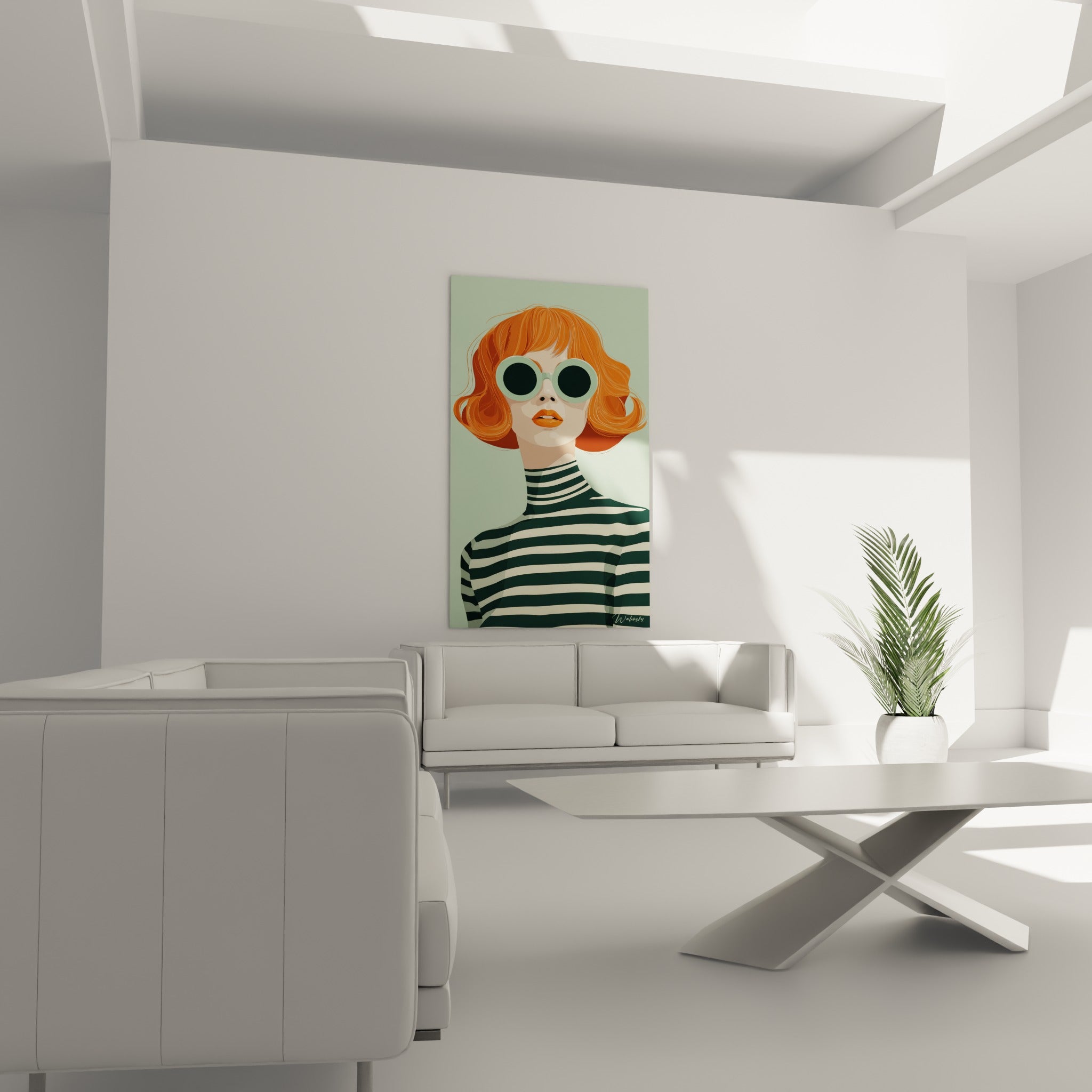 Illustration de mode d'une femme rousse aux lèvres orangées, au-dessus d'un canapé dans un salon lumineux