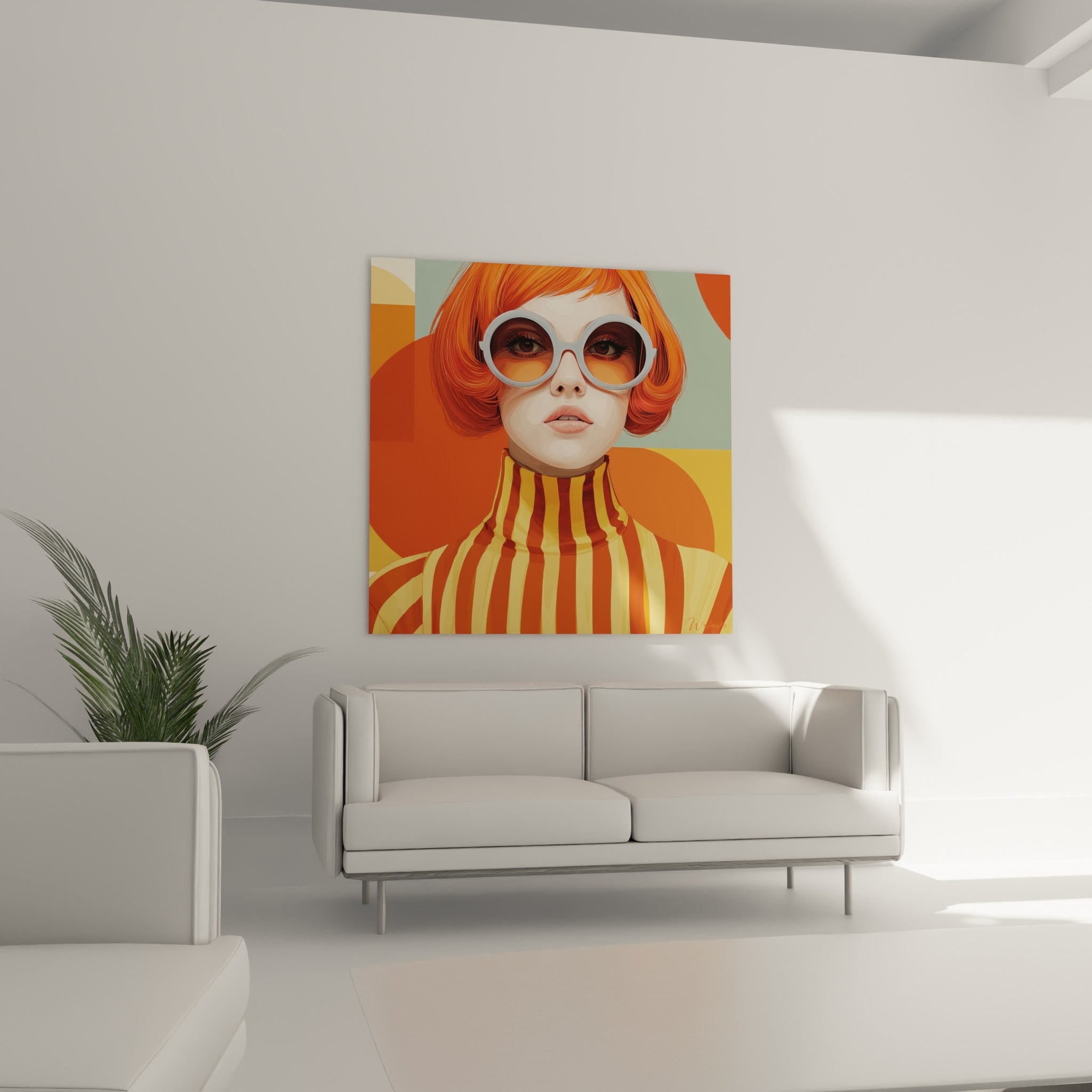 Visage stylisé aux lunettes blanches, chevelure orange vif et col rayé, au-dessus d'un canapé dans un salon lumineux