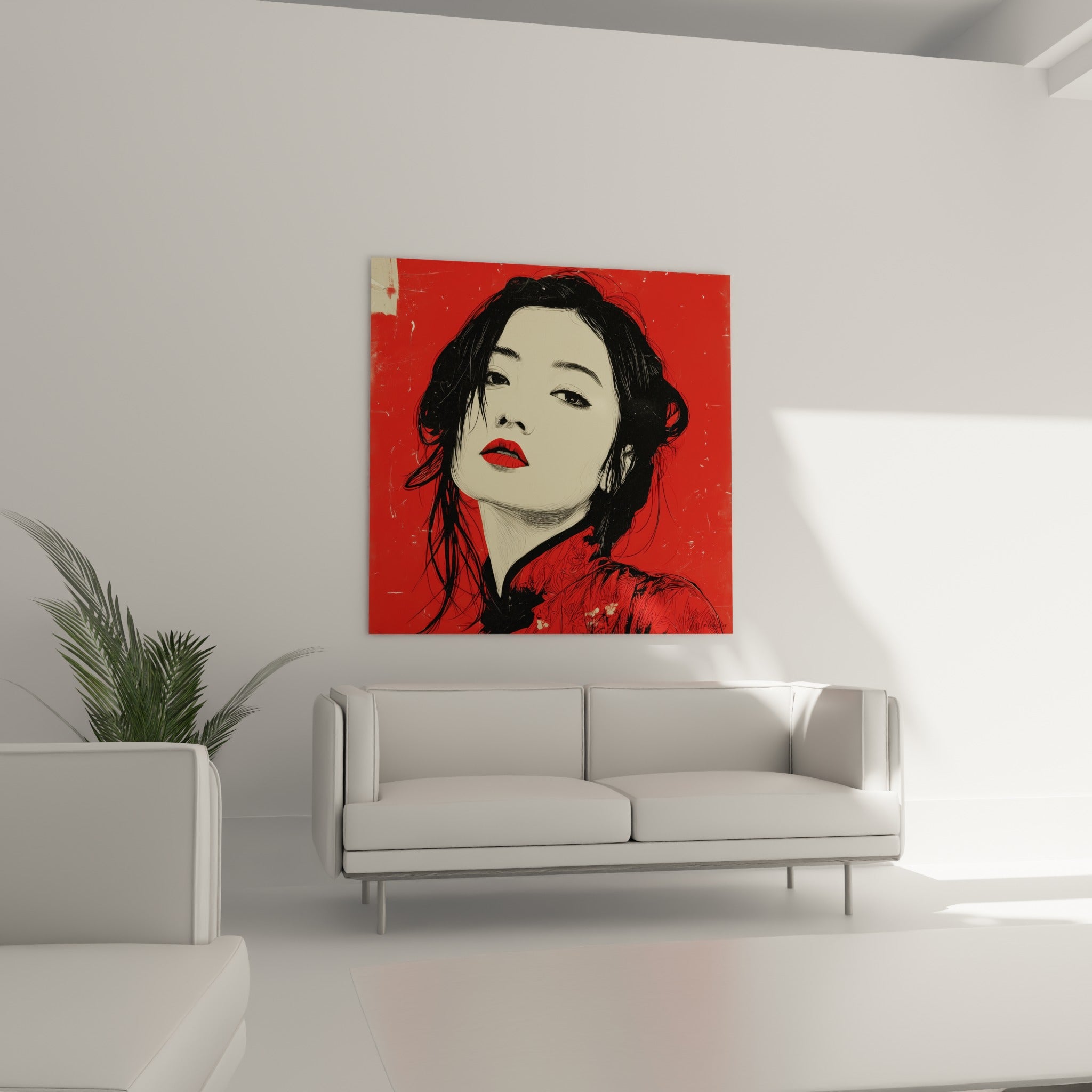 Regard perçant sur fond écarlate avec lèvres rouge vif, accroché au-dessus d'un canapé dans un salon lumineux