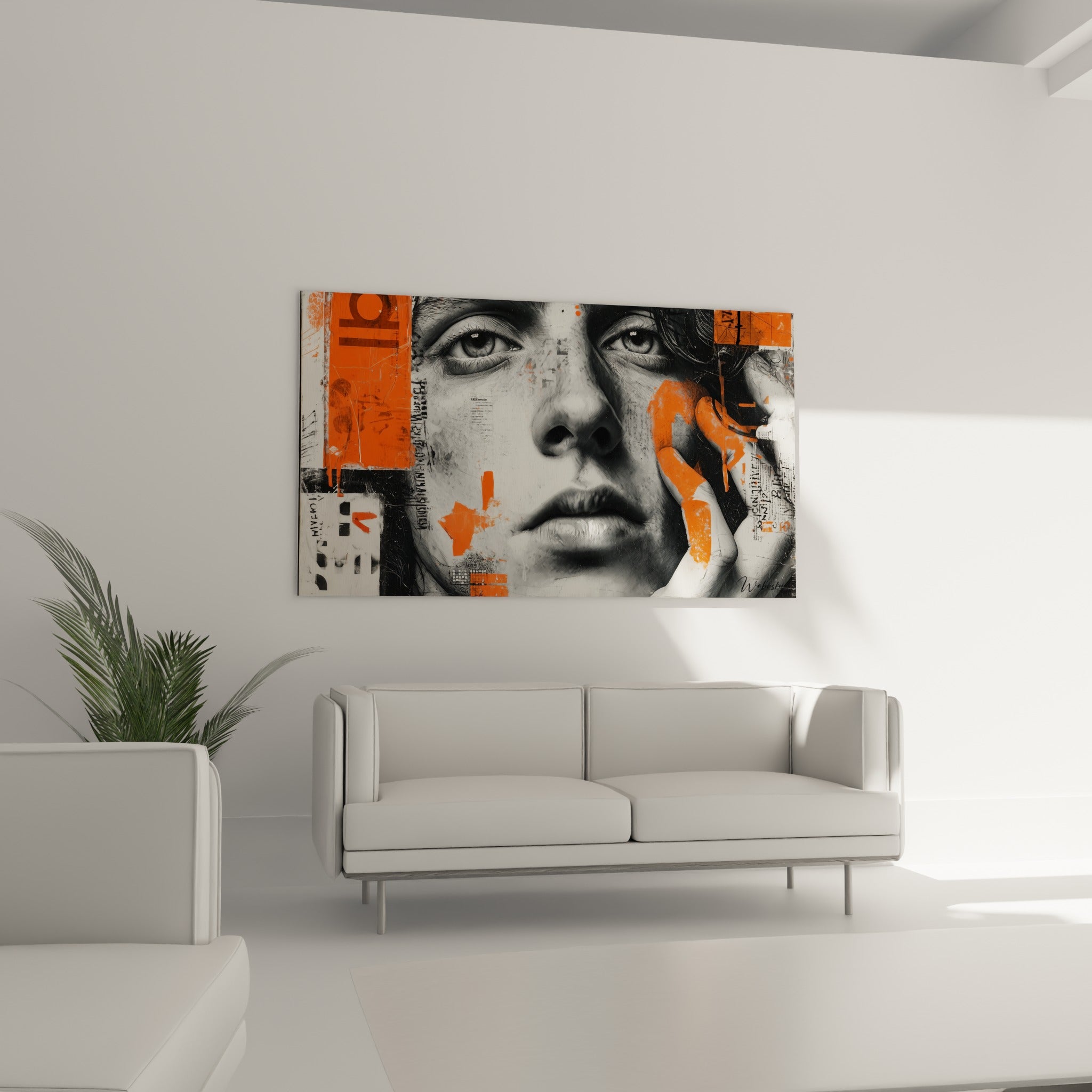 Regard intense en nuances de gris traversé de peinture orange, au-dessus d'un canapé dans un salon lumineux
