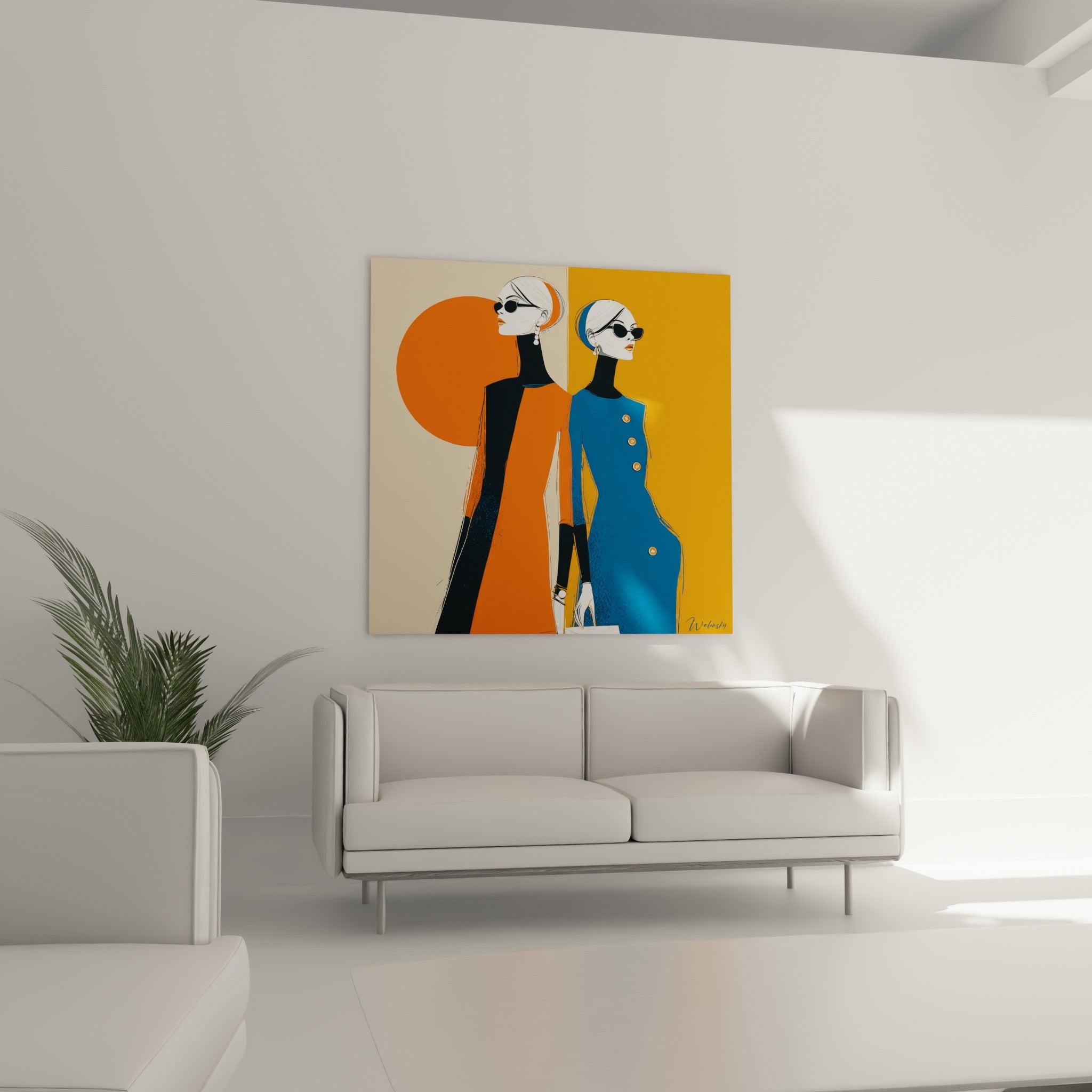 Femmes stylisées en tenues orange vif et bleu profond au-dessus d'un canapé dans un salon lumineux