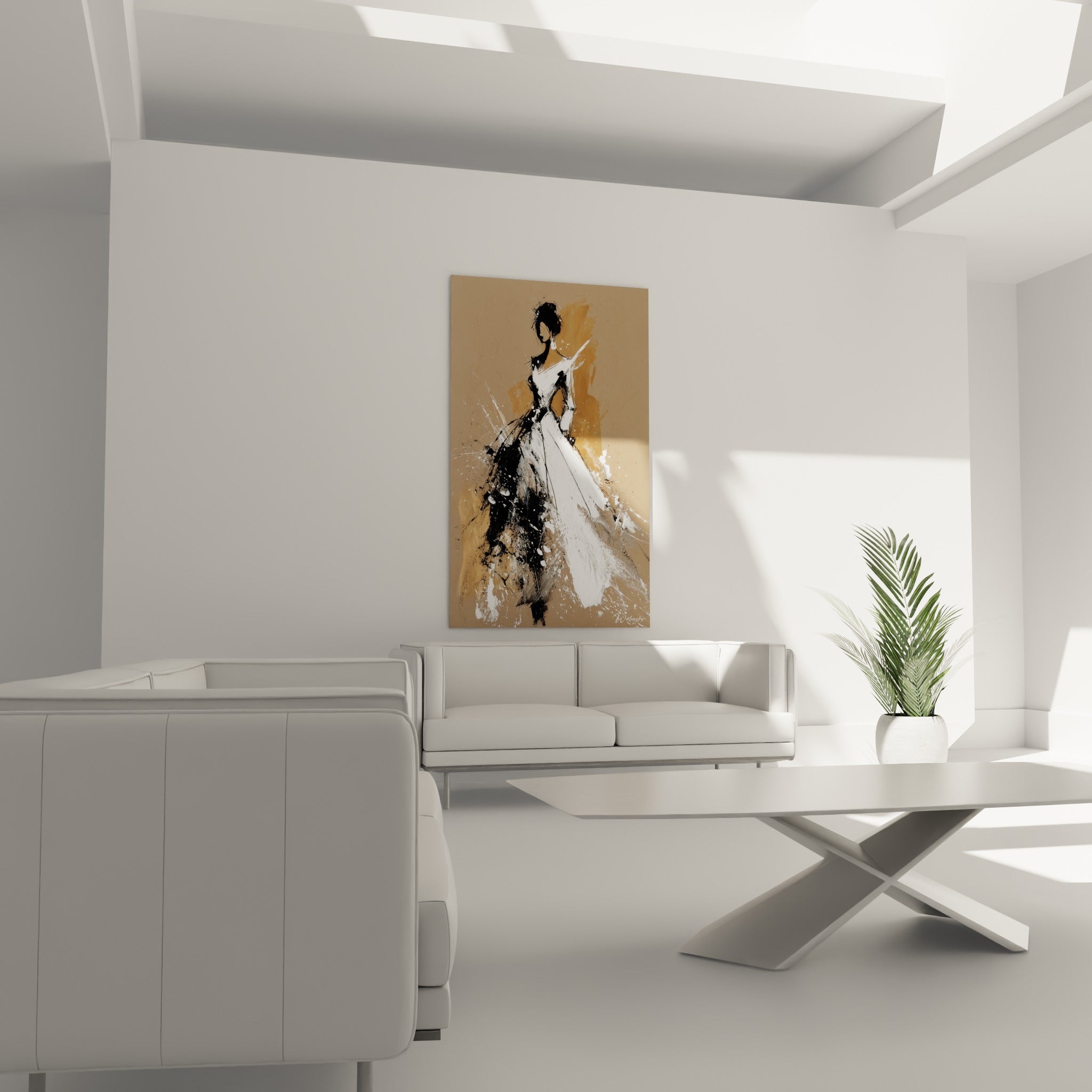 Robe blanche tourbillonnante aux éclaboussures noires, tableau illustration de mode au-dessus d'un canapé dans un salon lumineux