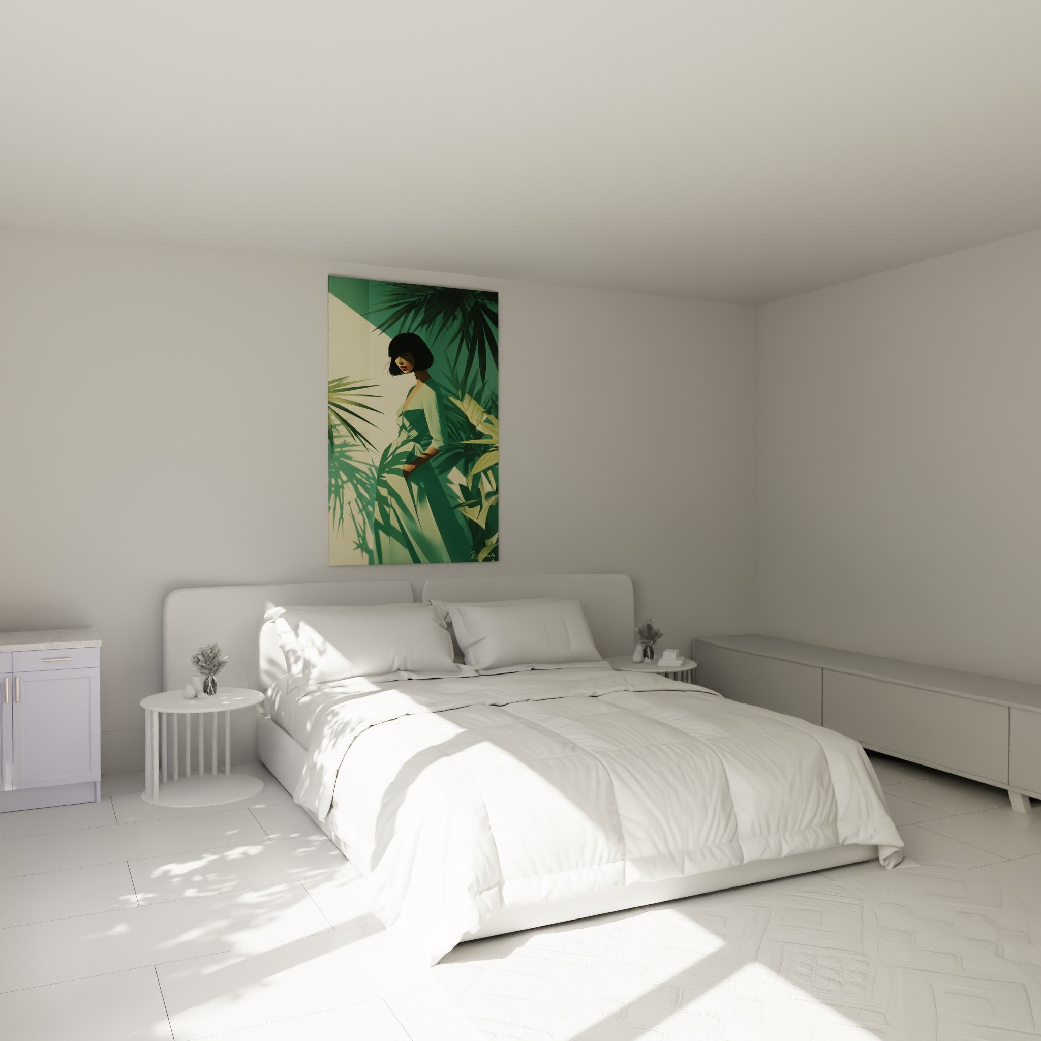 Silhouette en robe vert sauge parmi les palmiers, illustration de mode au-dessus d'un lit dans une chambre claire