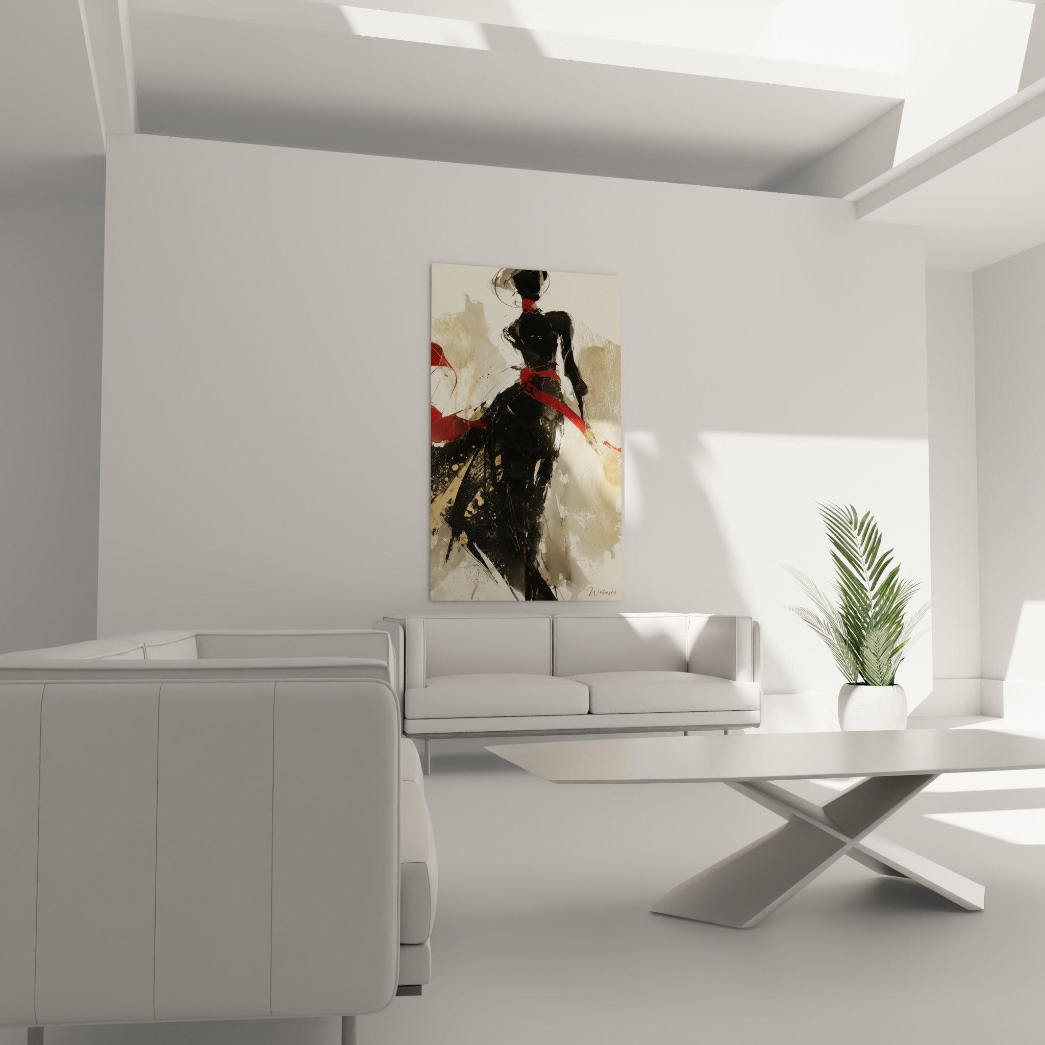 Femme stylisée en noir profond ceinturée de rouge, fond crème doré, au-dessus d'un canapé dans un salon lumineux