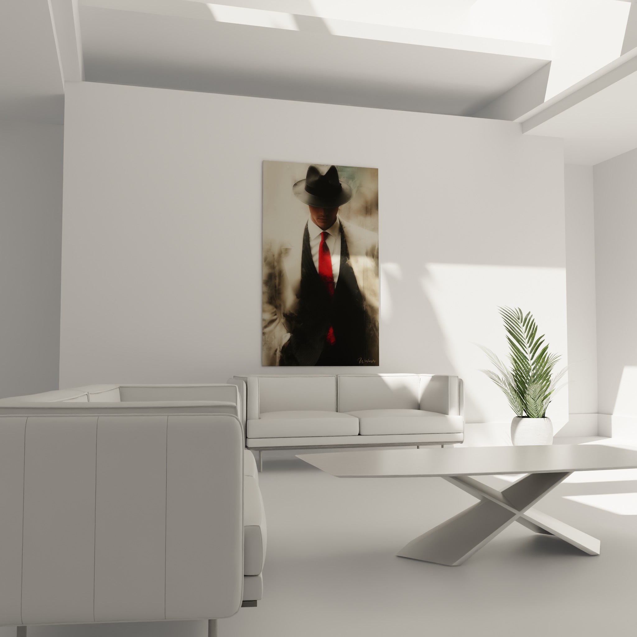 Silhouette énigmatique en costume sombre et cravate écarlate, présentée au-dessus d'un canapé dans un salon lumineux