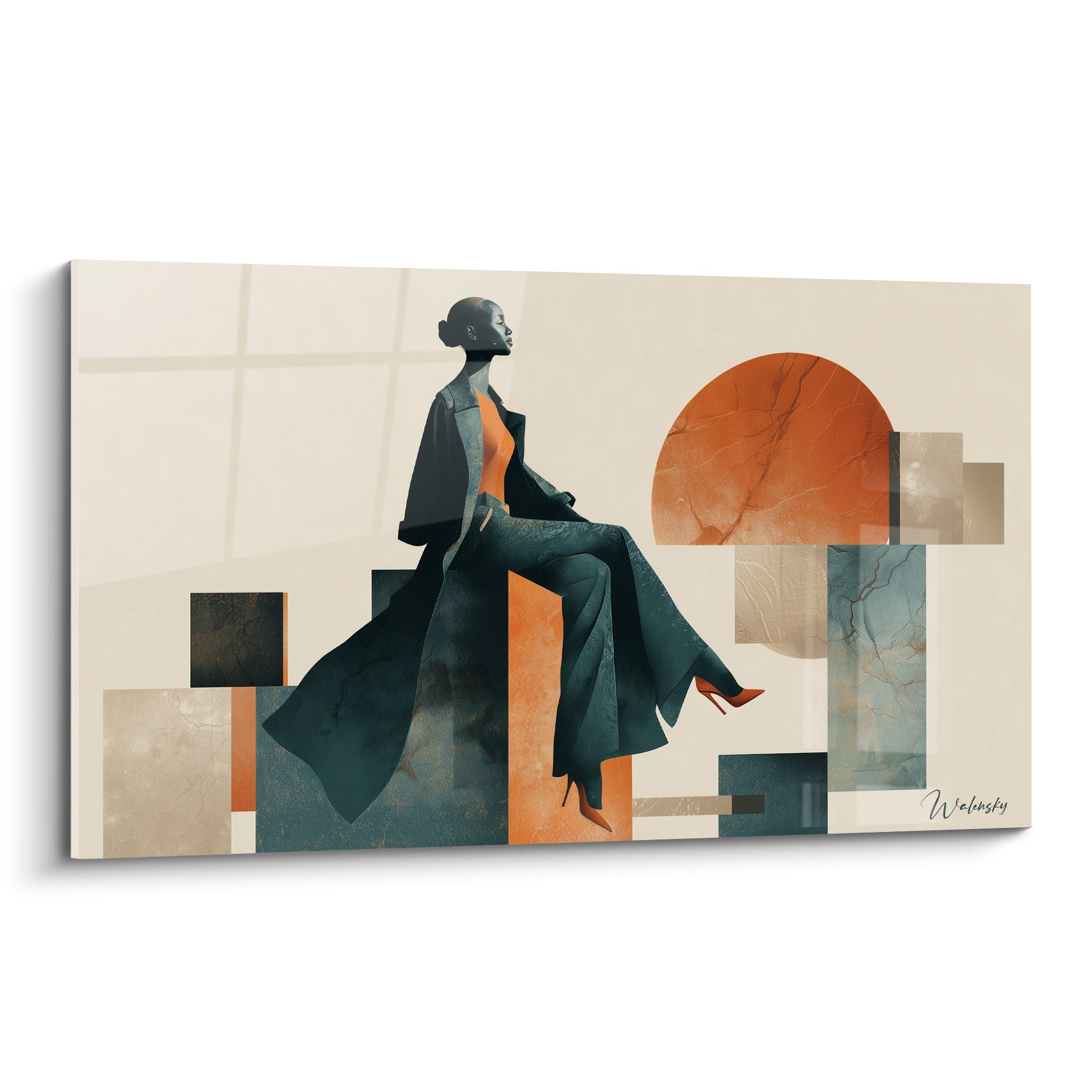 Silhouette en manteau bleu nuit assise sur des blocs orange terracotta et anthracite, illustration de mode graphique