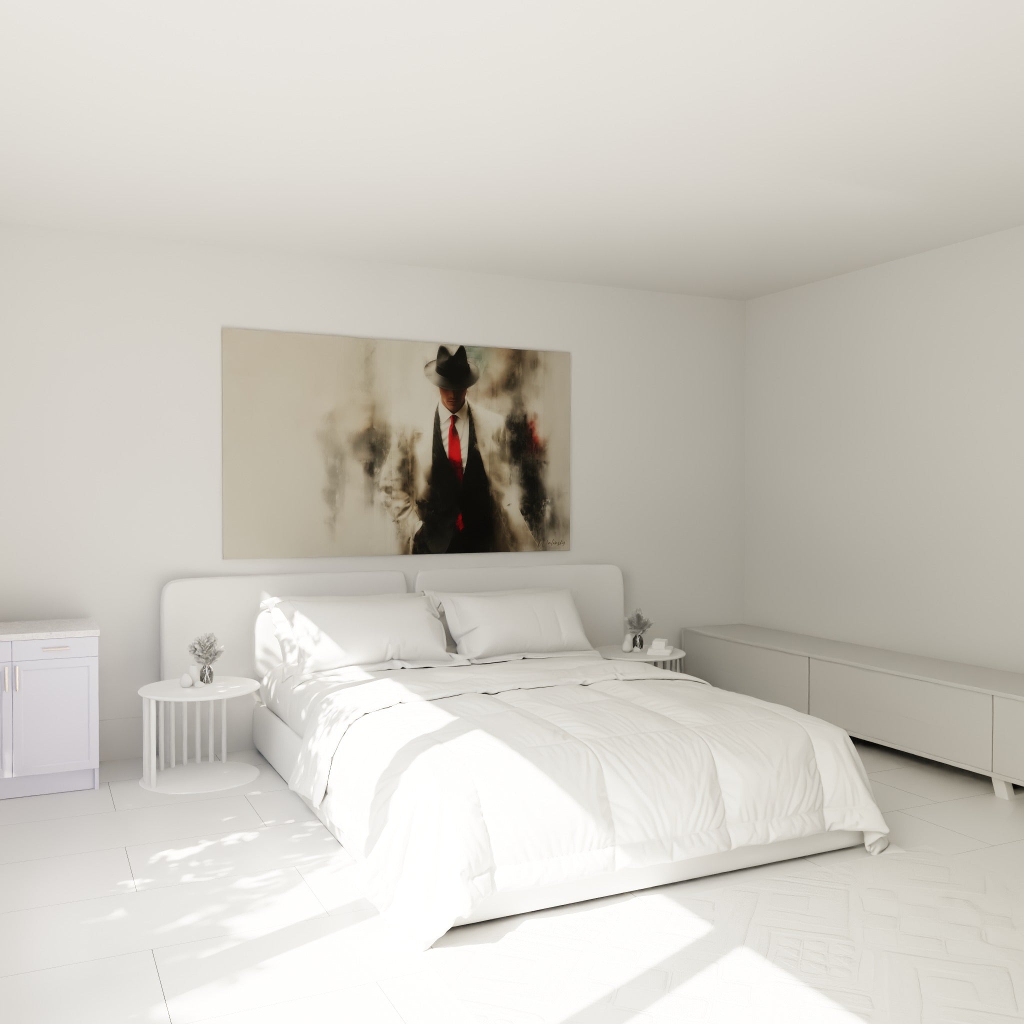 Silhouette masculine en costume sombre et cravate écarlate accrochée au-dessus d'un lit dans une chambre claire