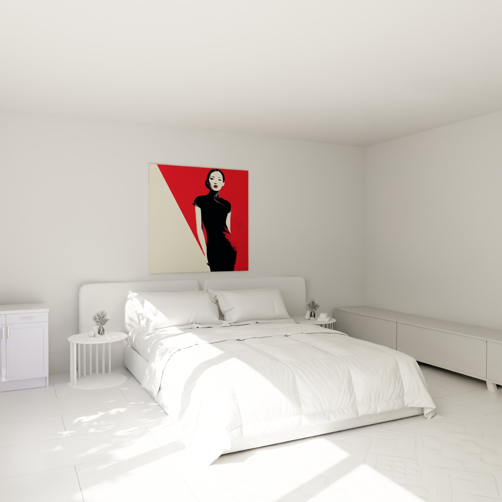 Silhouette féminine en noir et rouge accrochée au-dessus d'un lit dans une chambre claire
