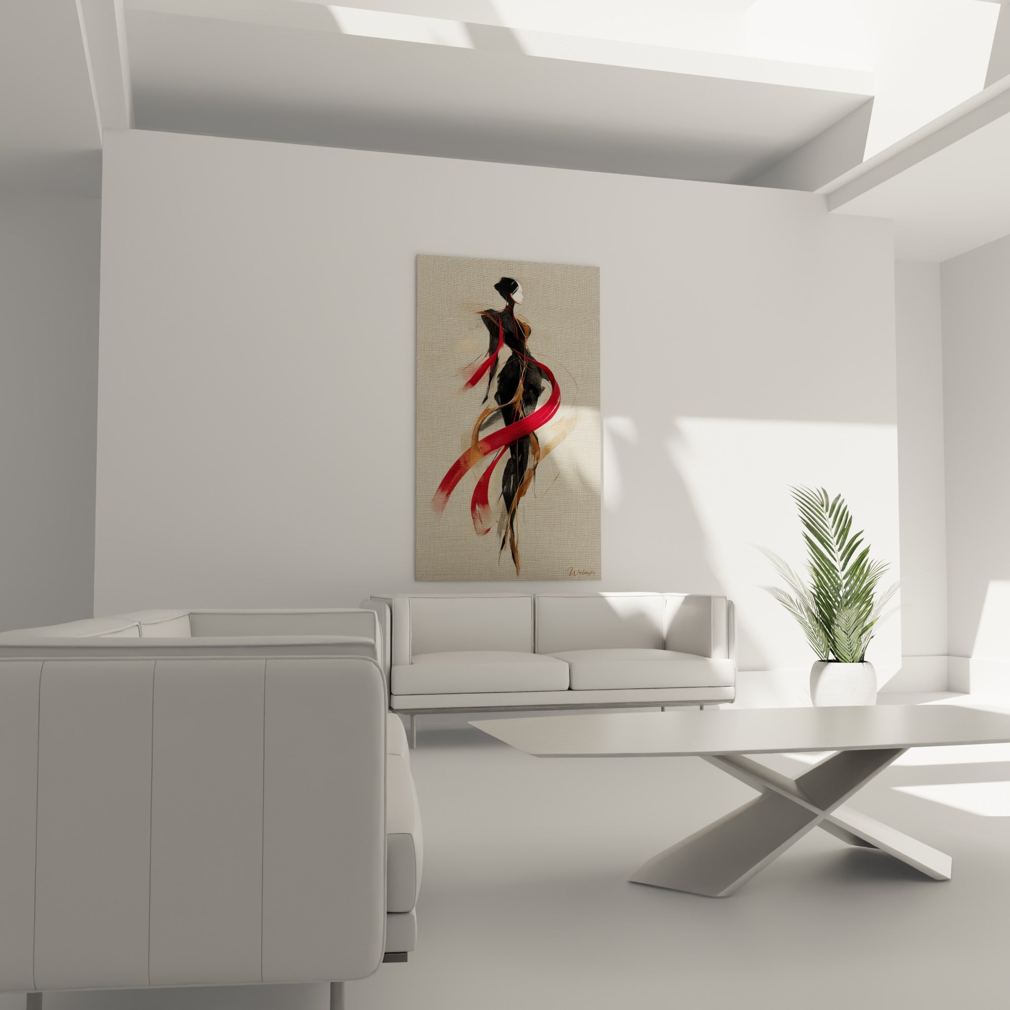 Ruban rouge enlaçant une silhouette anthracite, illustration de mode au-dessus d'un canapé dans un salon lumineux