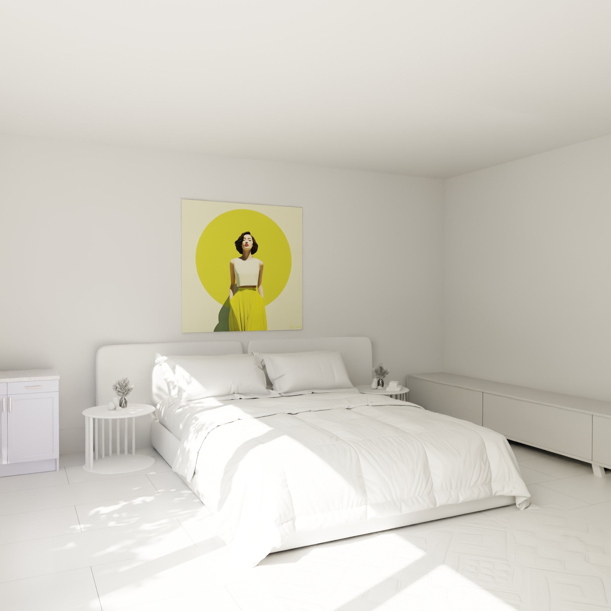 Silhouette au carré brun et jupe jaune éclatante sur fond vert olive, au-dessus d'un lit dans une chambre claire