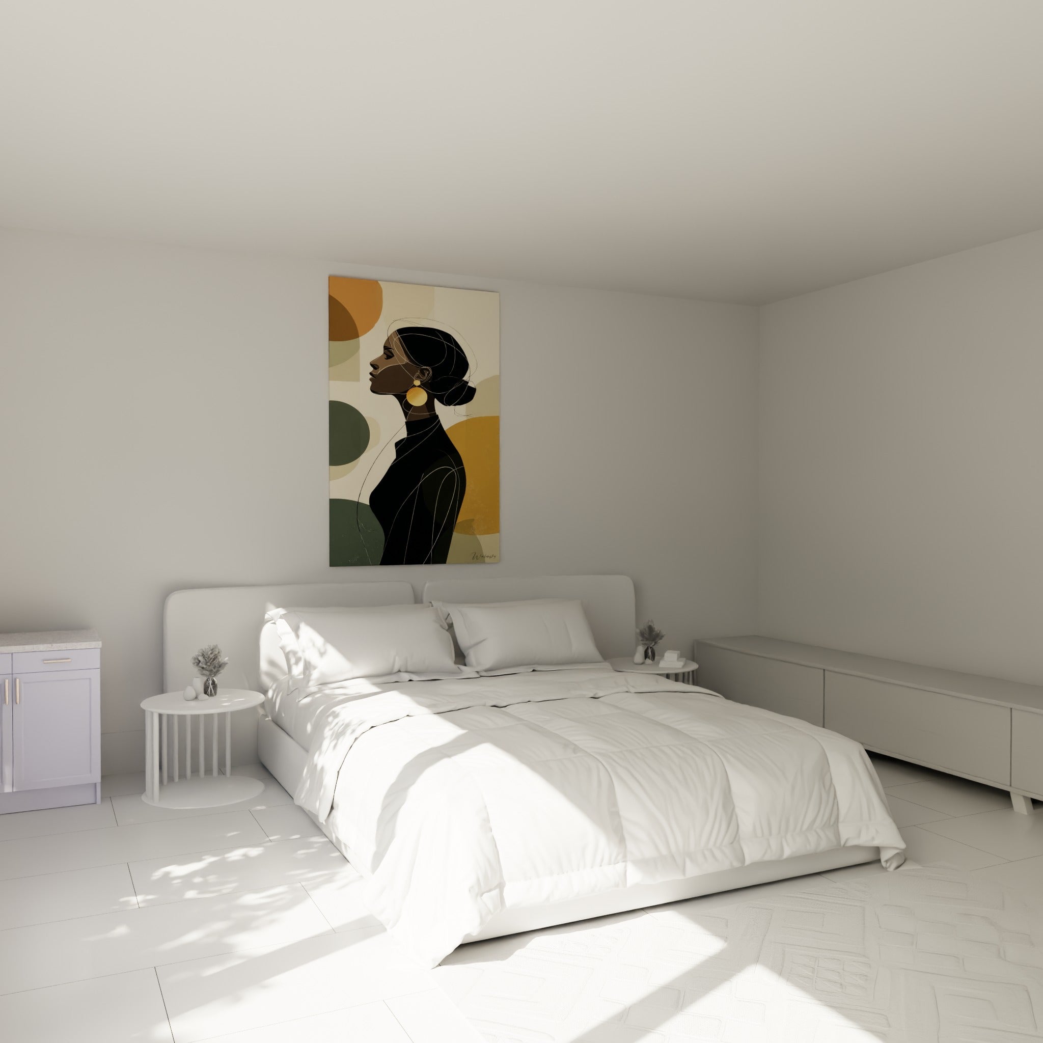 Silhouette élégante en noir et beige sable, illustration de mode au-dessus d'un lit dans une chambre claire